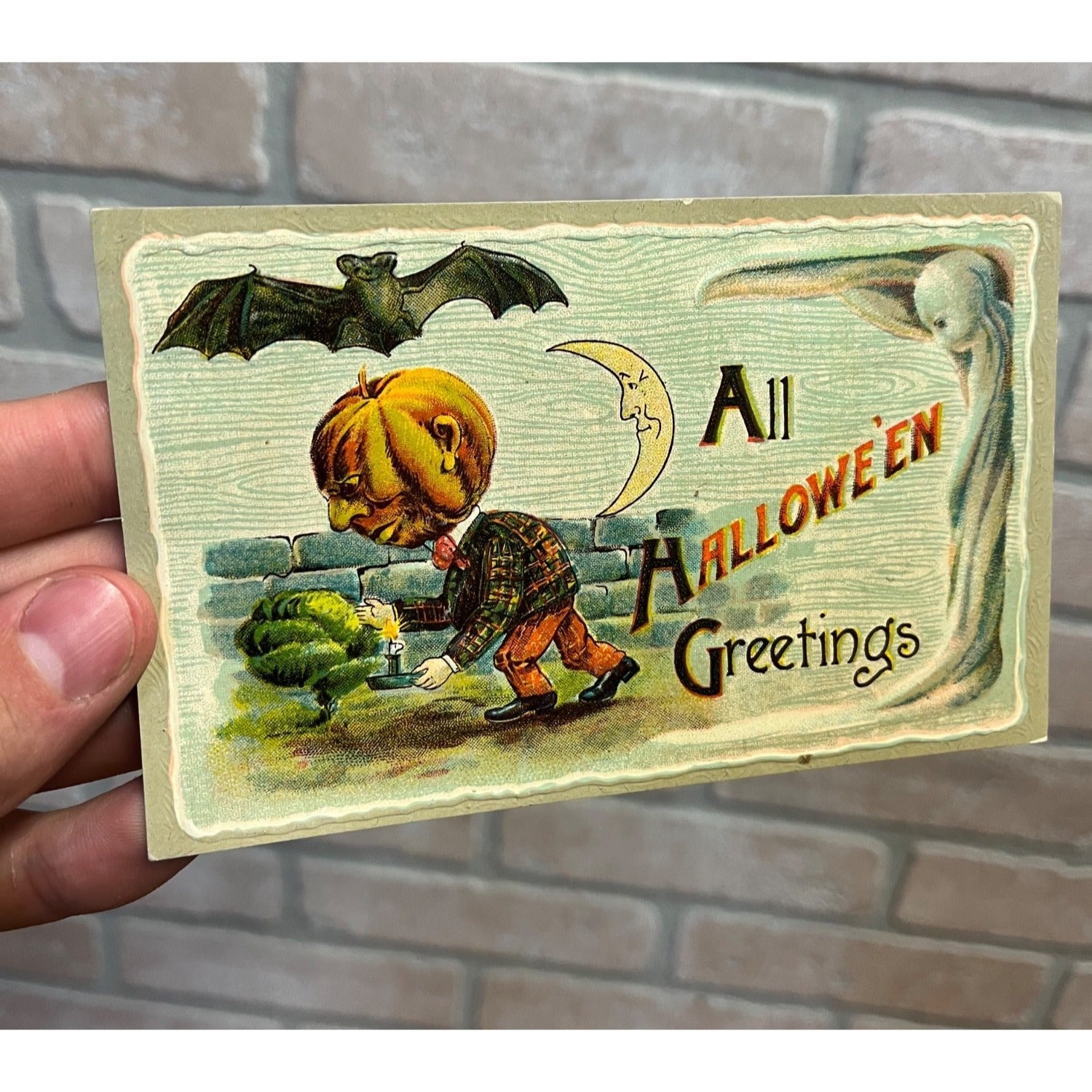 Vintage Halloween Gottschalk #2243 Postcard Ghost Ghoul Death Moon Bat JOL Man
