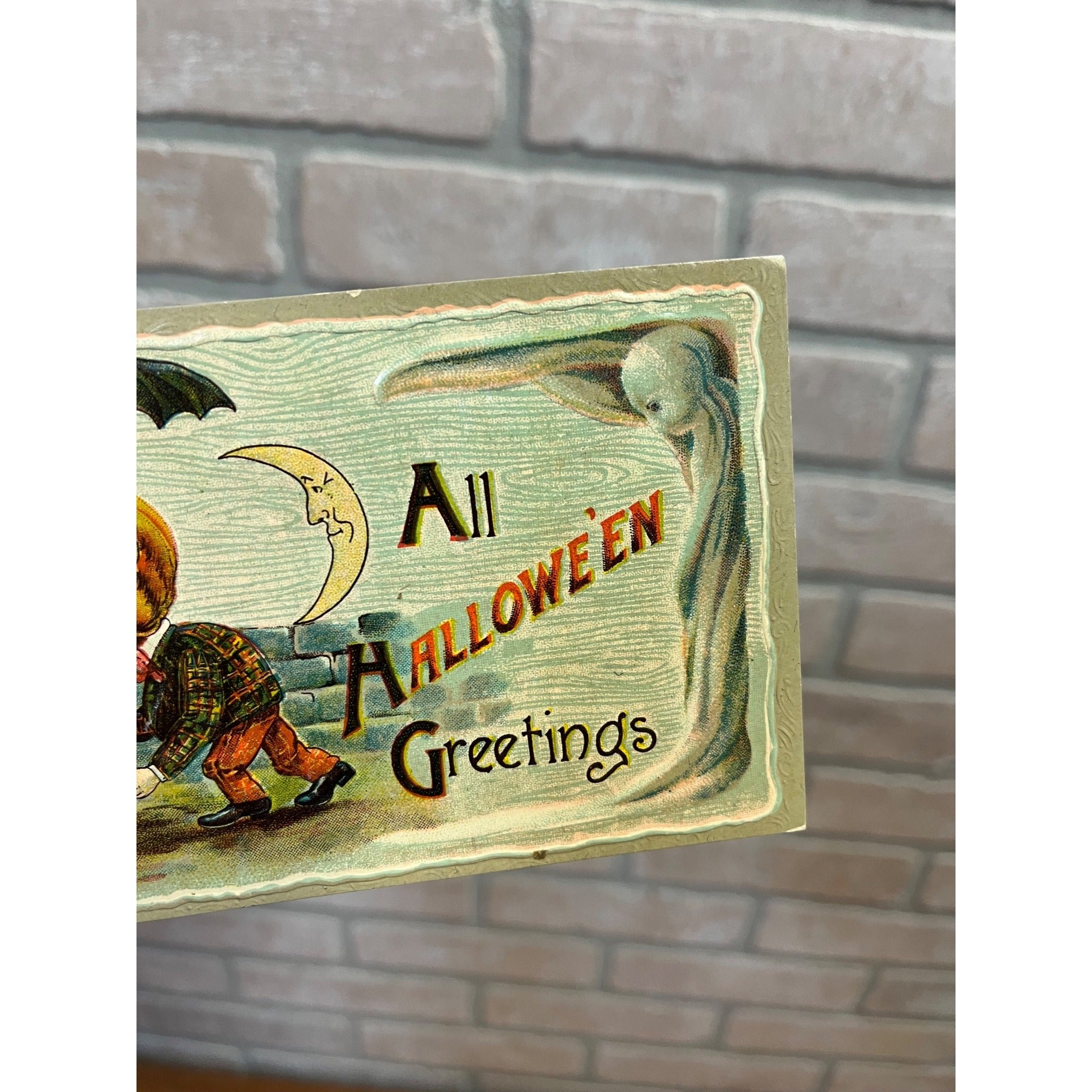 Vintage Halloween Gottschalk #2243 Postcard Ghost Ghoul Death Moon Bat JOL Man