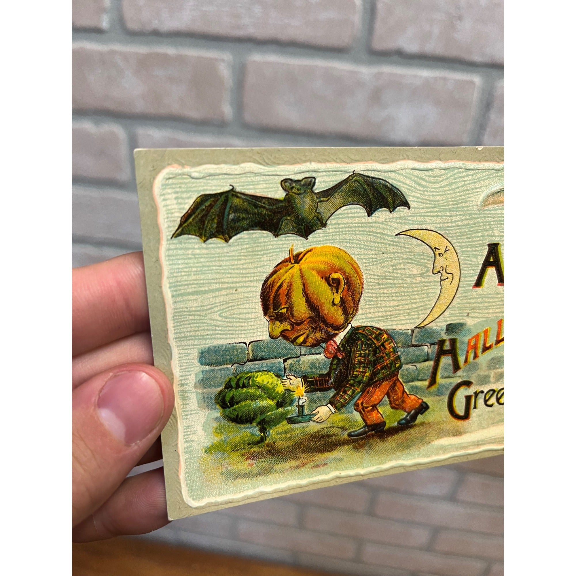 Vintage Halloween Gottschalk #2243 Postcard Ghost Ghoul Death Moon Bat JOL Man