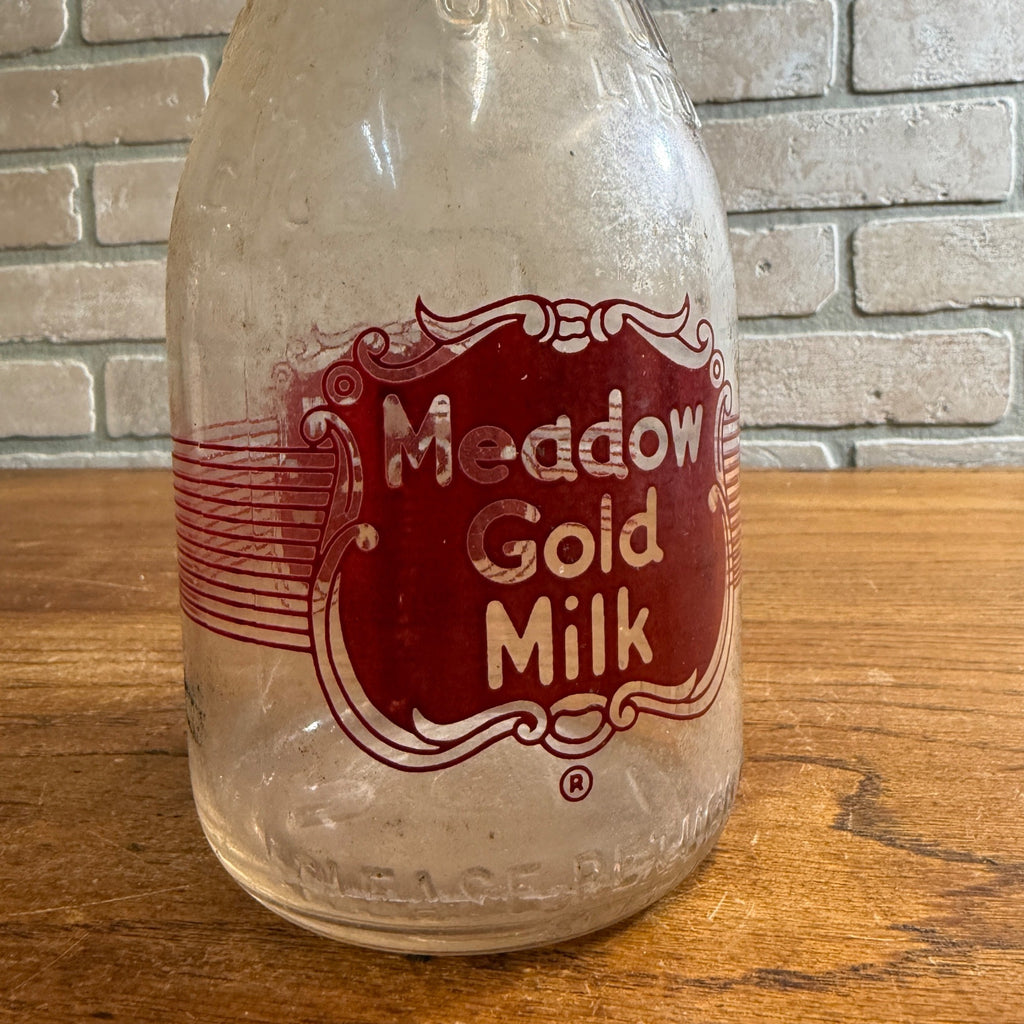Vintage Meadow Gold Milk Silver Seal Quart Milk Bottle Dairy Glass