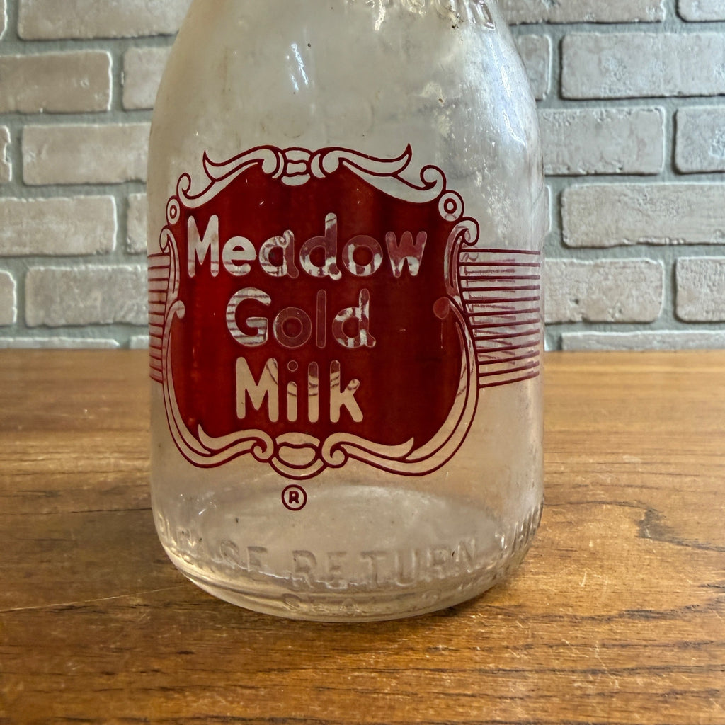 Vintage Meadow Gold Milk Silver Seal Quart Milk Bottle Dairy Glass