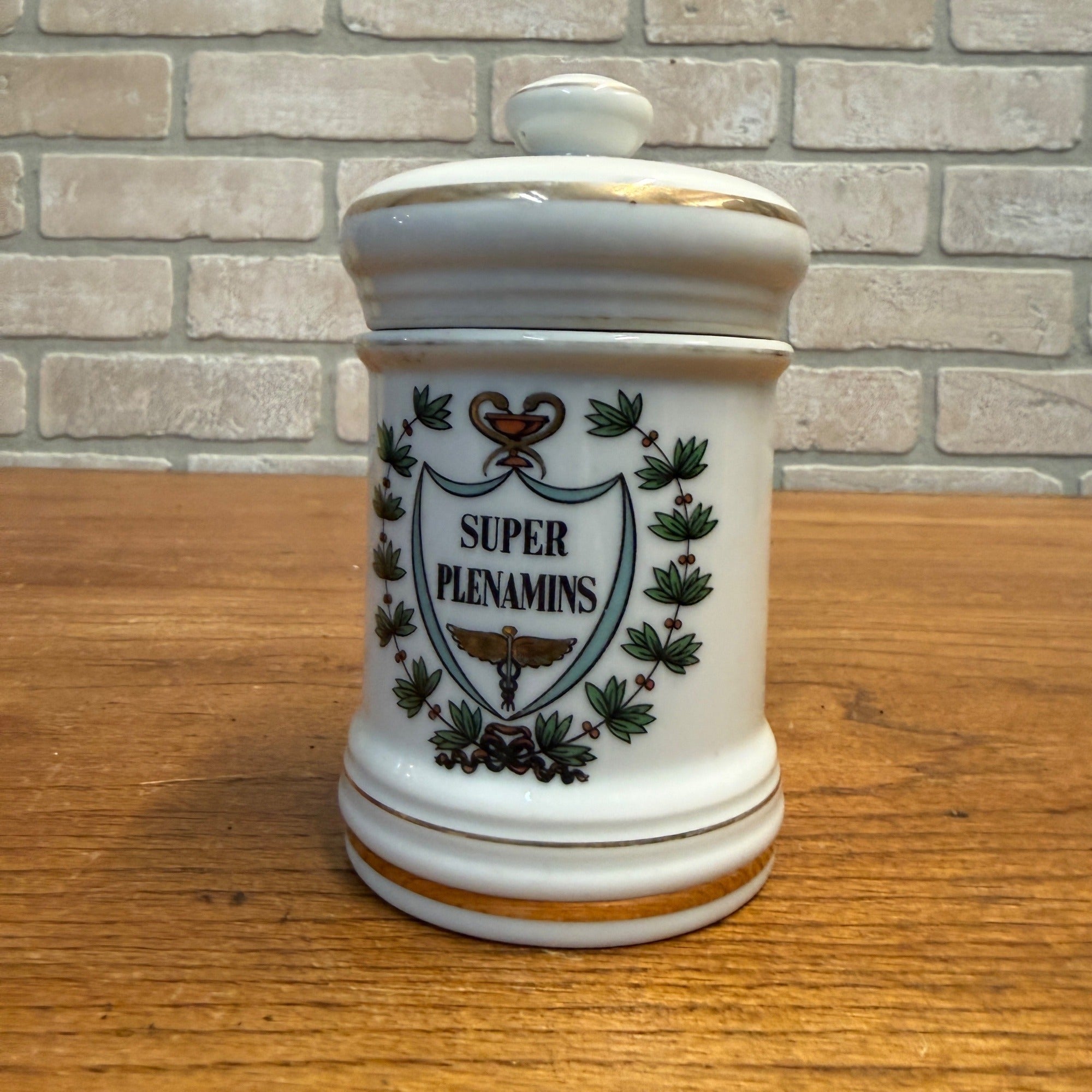 Vintage Super Plenamins Porcelain Apothecary Jar Medical Pharmacy w/ Lid