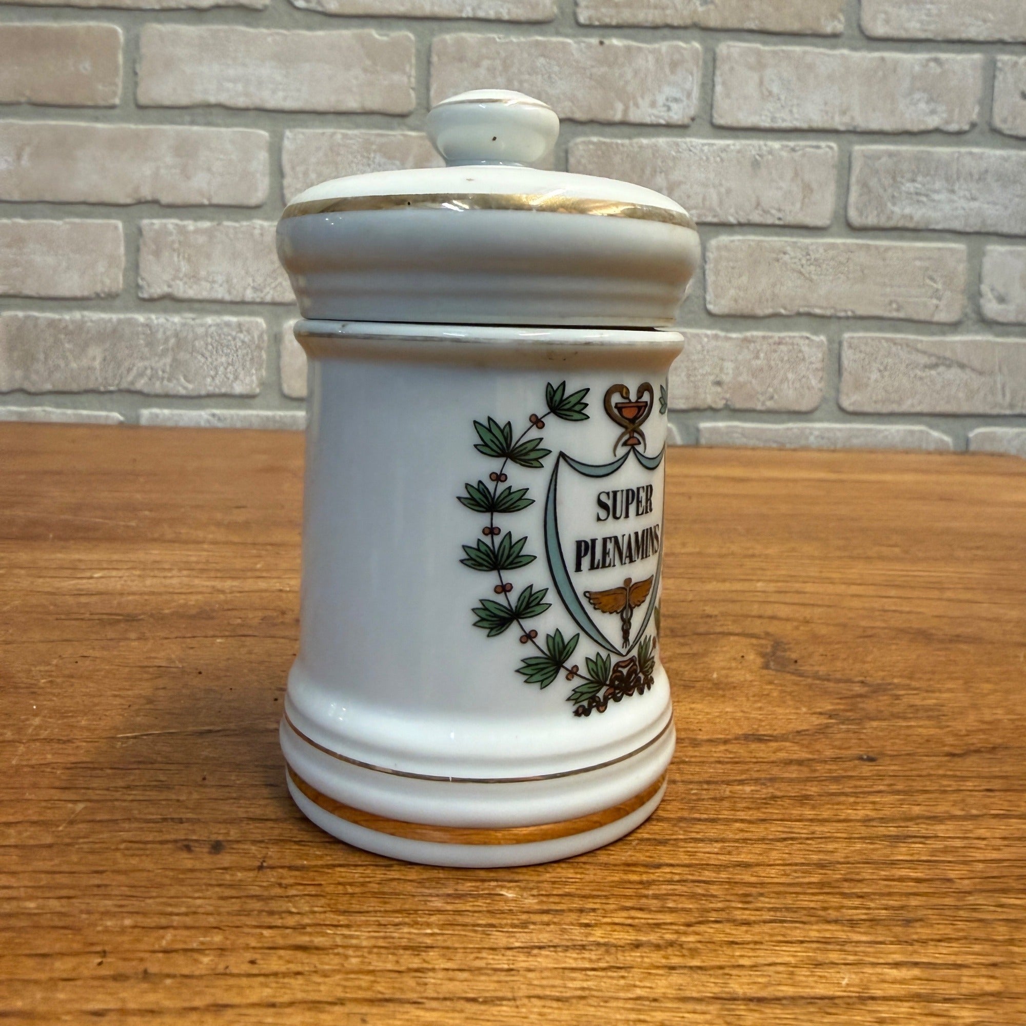 Vintage Super Plenamins Porcelain Apothecary Jar Medical Pharmacy w/ Lid