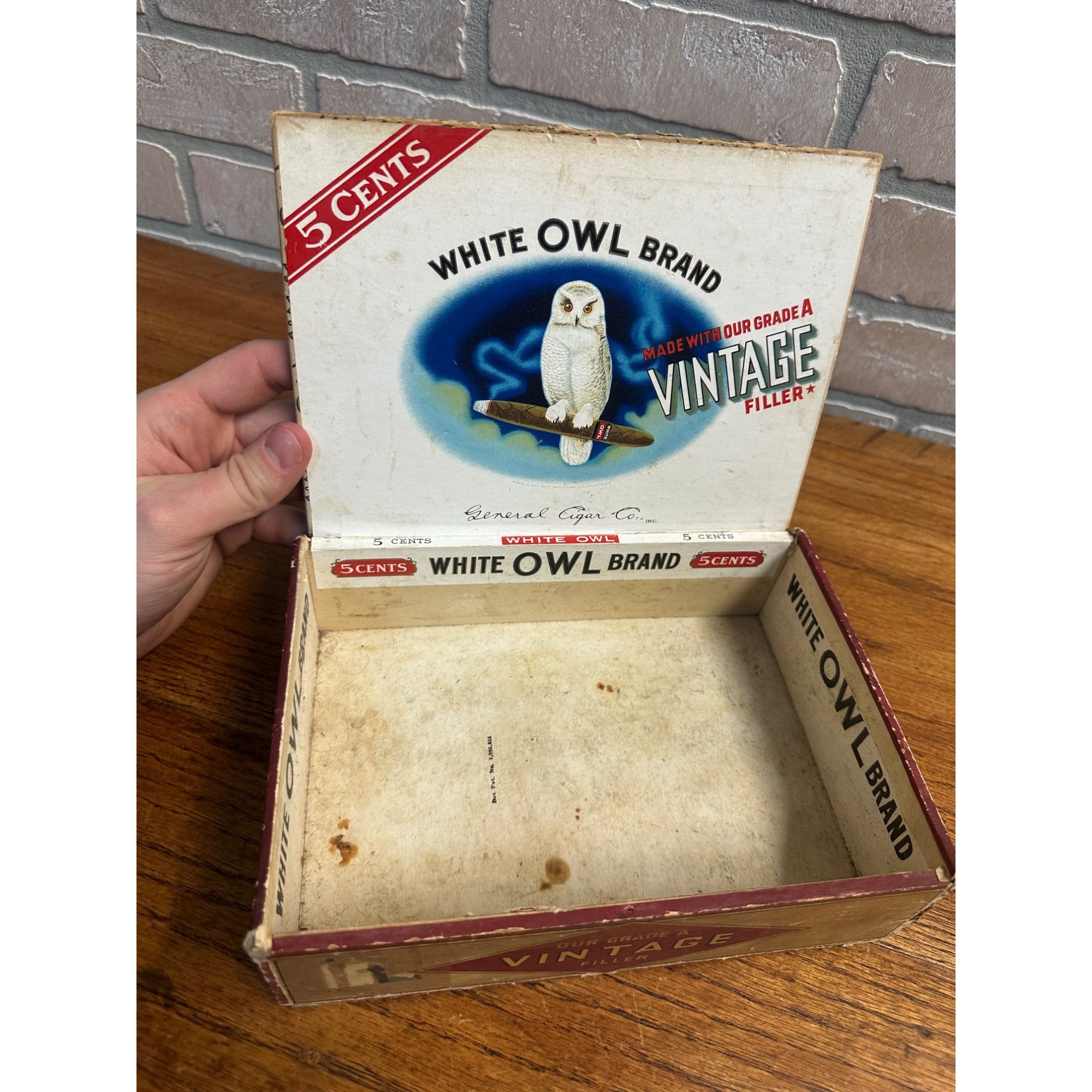 Antique White Owl Brand Wood Cigar Box Graphics Label Empty Vintage