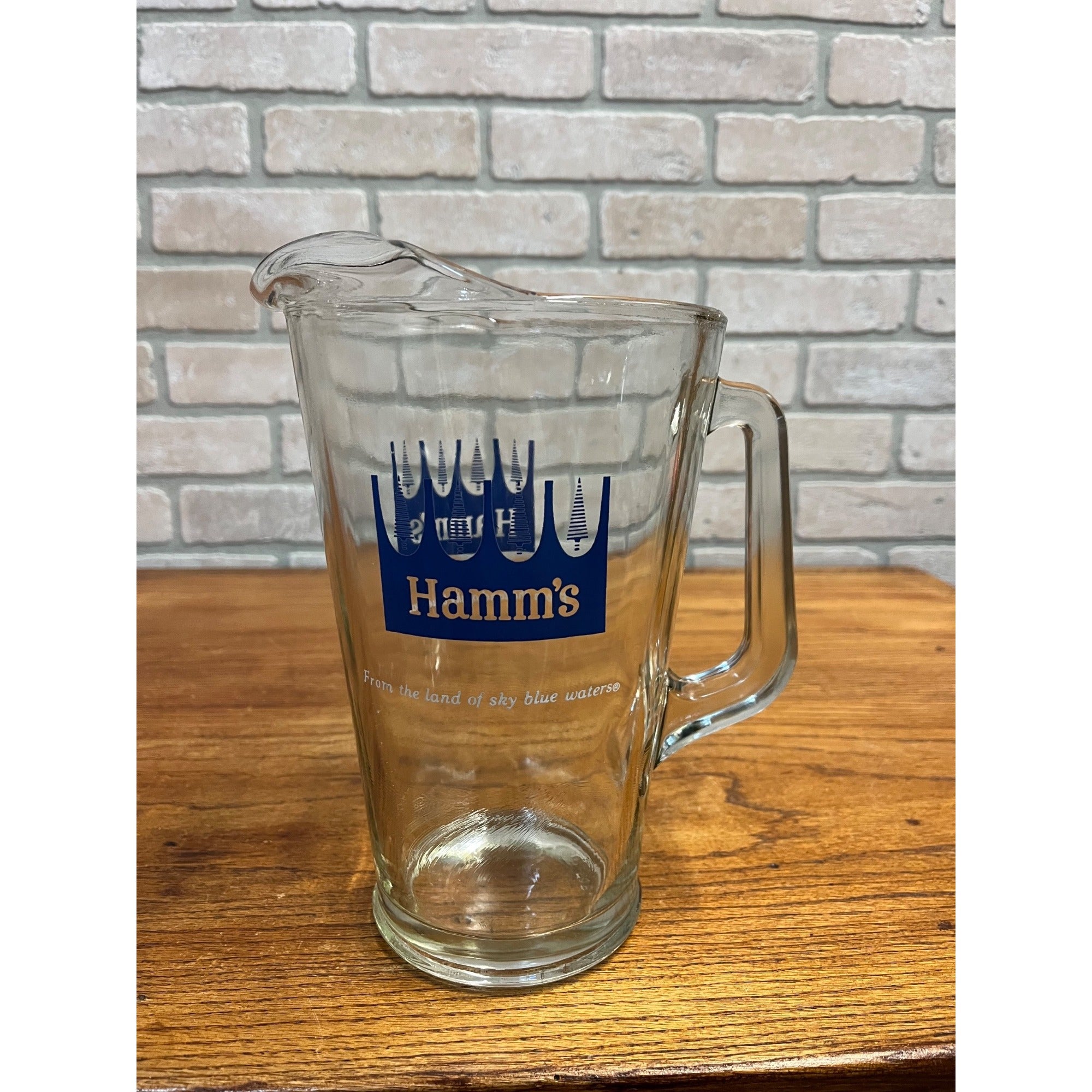 Vintage Hamm’s Beer Glass Pitcher 64oz. Blue Crown & Tree Logo w/ Ice Lip