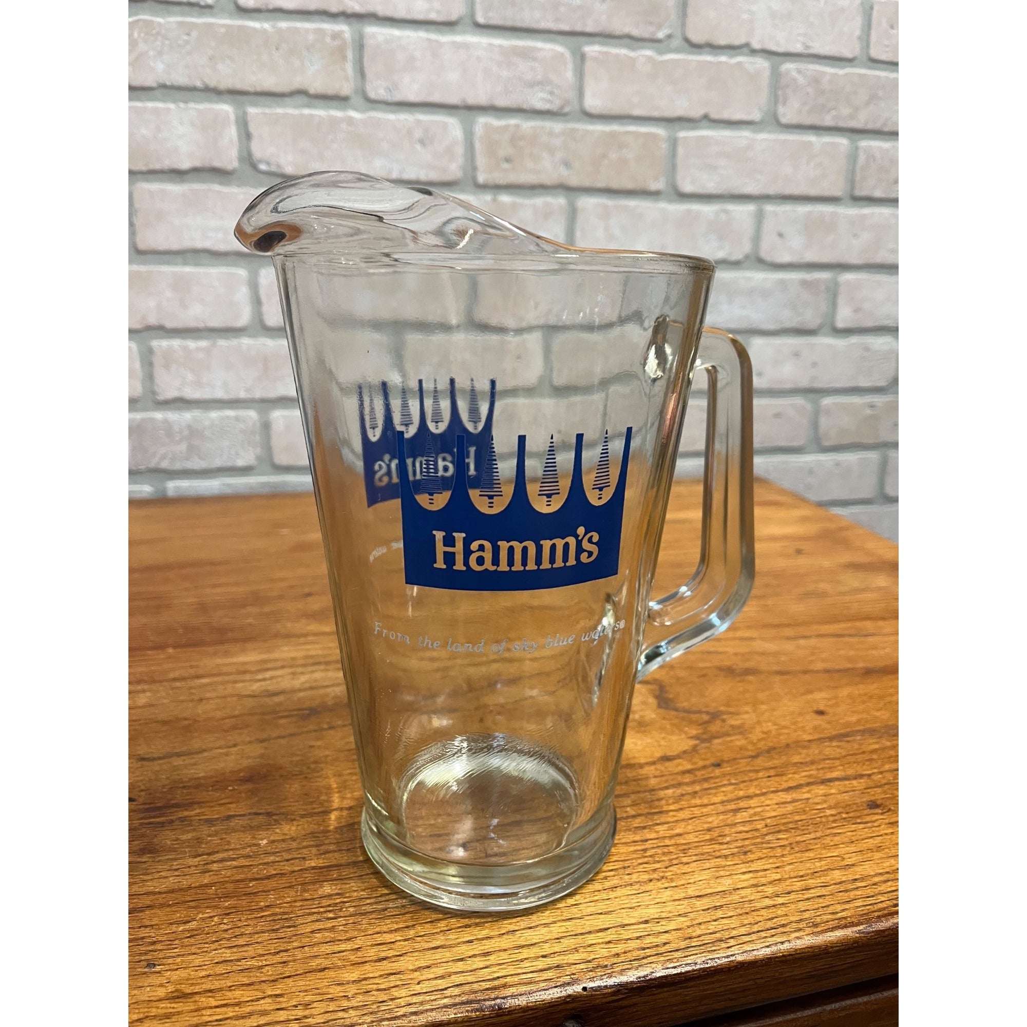 Vintage Hamm’s Beer Glass Pitcher 64oz. Blue Crown & Tree Logo w/ Ice Lip
