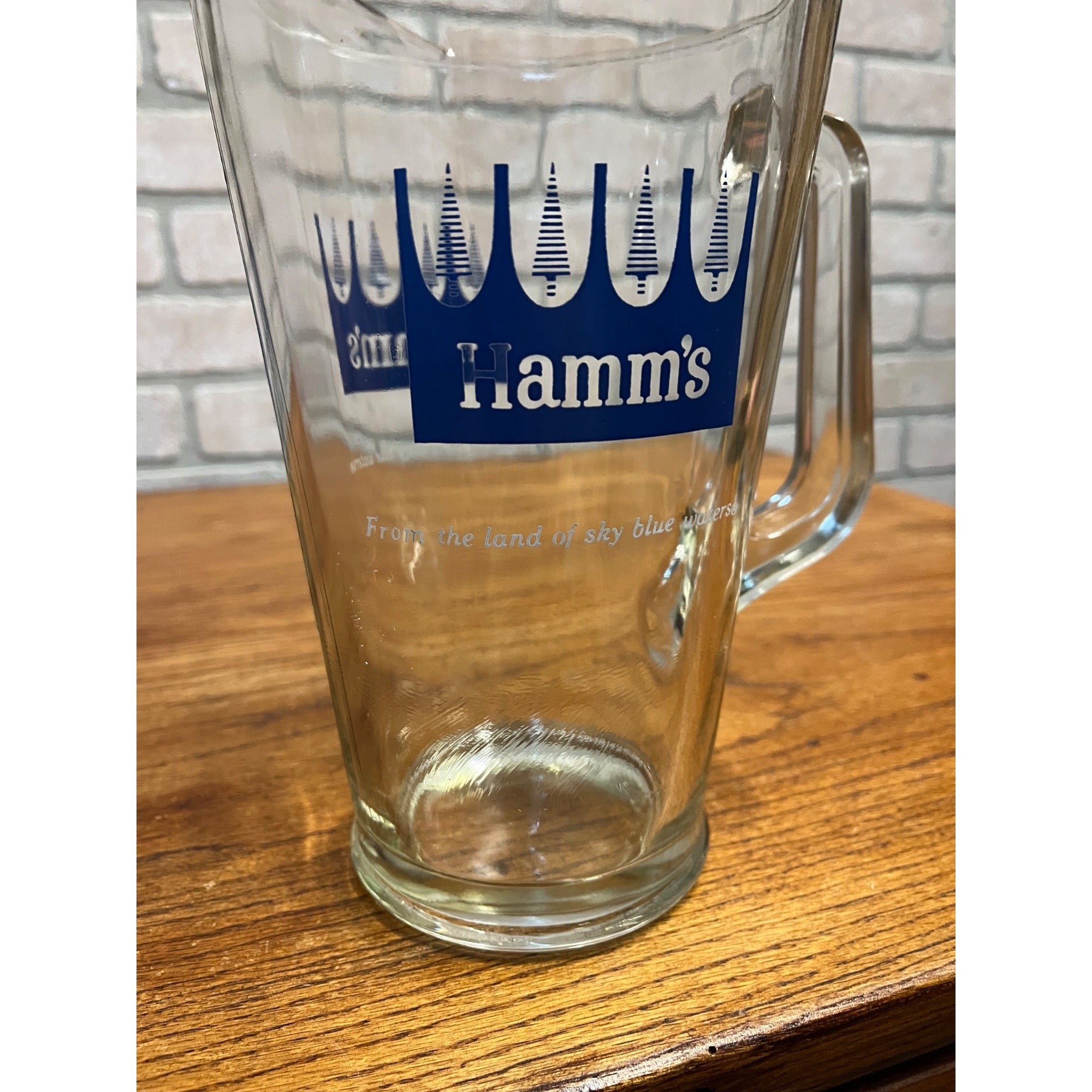 Vintage Hamm’s Beer Glass Pitcher 64oz. Blue Crown & Tree Logo w/ Ice Lip