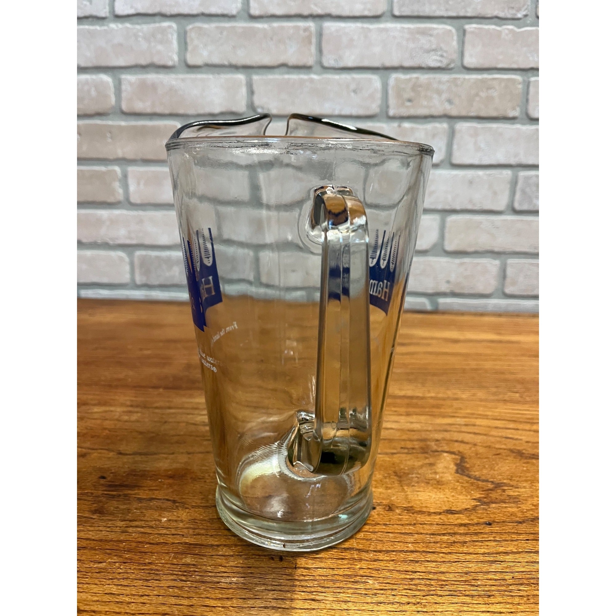 Vintage Hamm’s Beer Glass Pitcher 64oz. Blue Crown & Tree Logo w/ Ice Lip