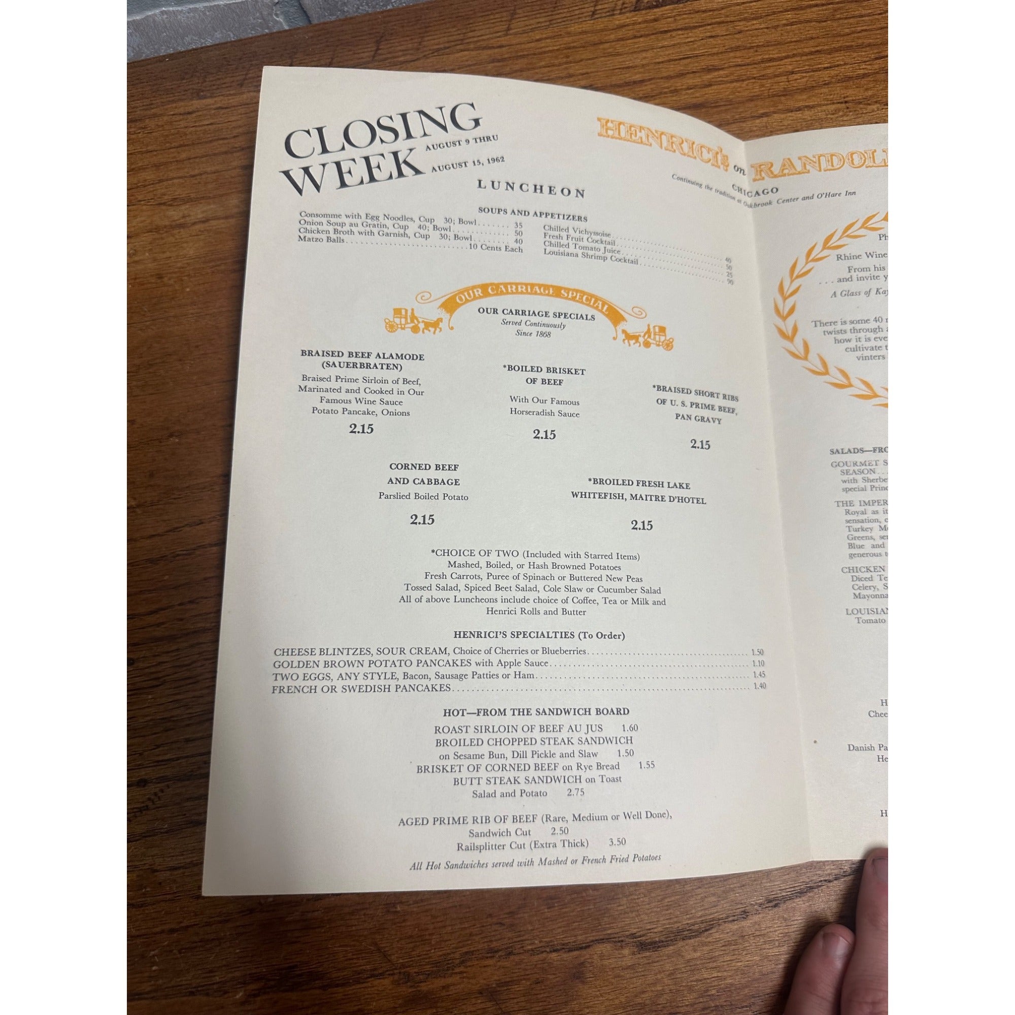 1950s Henrici's on Randolph Dinner Menu & Drinks Menu Chicago Illinois