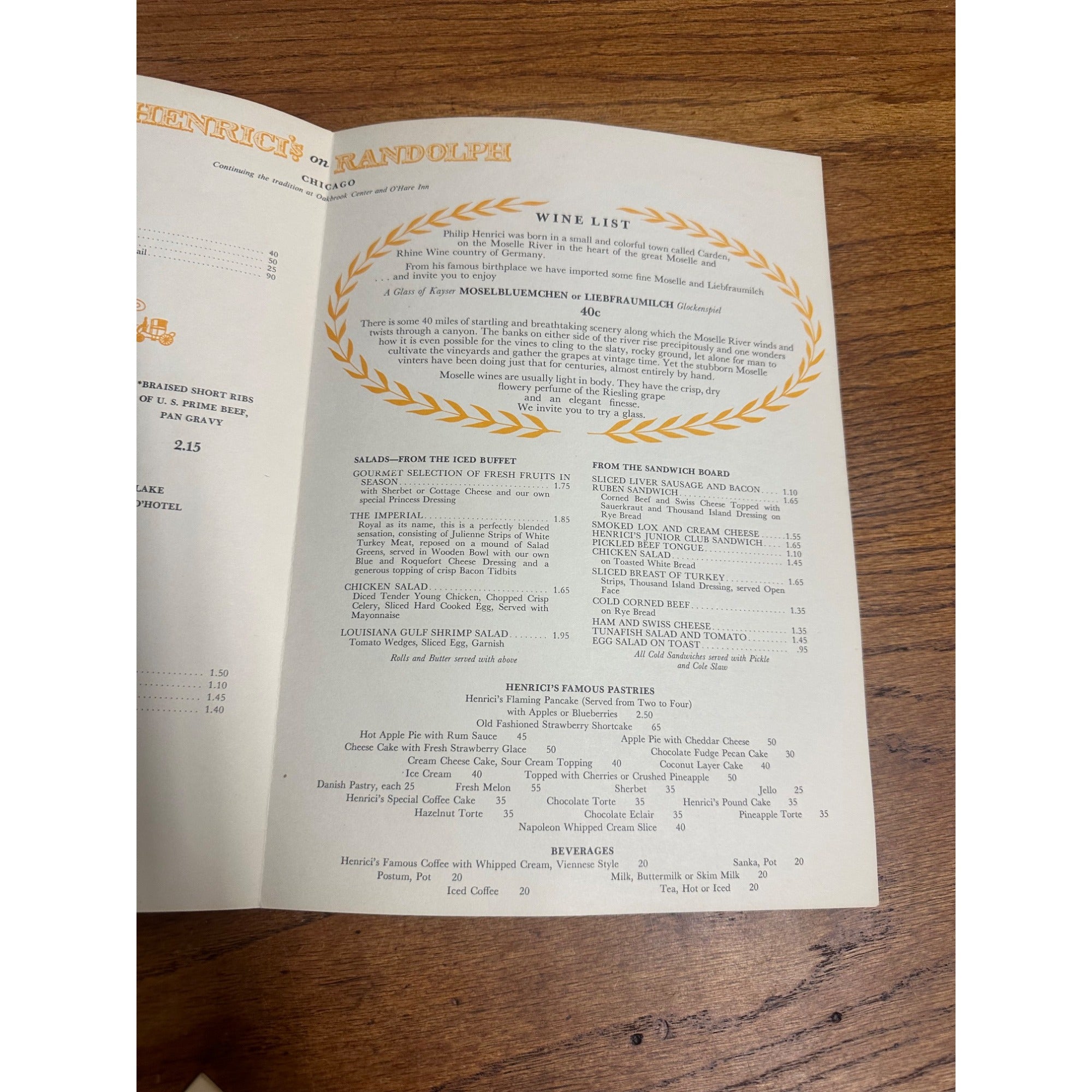 1950s Henrici's on Randolph Dinner Menu & Drinks Menu Chicago Illinois