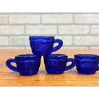 Vintage Miniature Cobalt Blue Glass Tea Cups Fish Embossed Set of 4