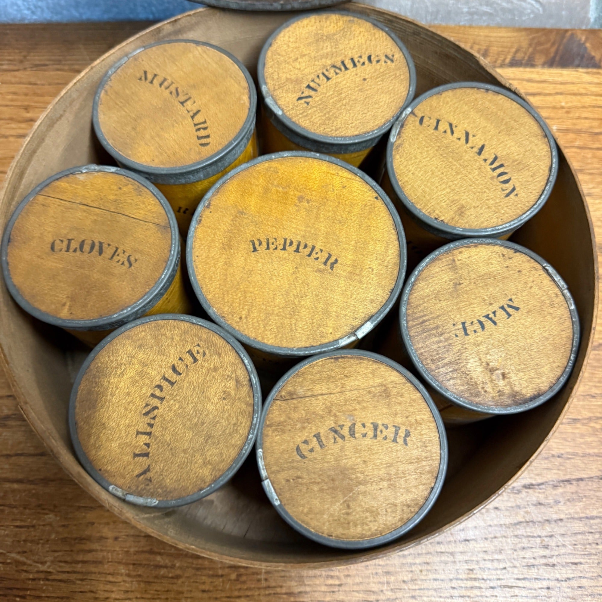 Antique Primitive 19th c. Bentwood Spice Pantry Box 9pc Set Tin Banded Wooden