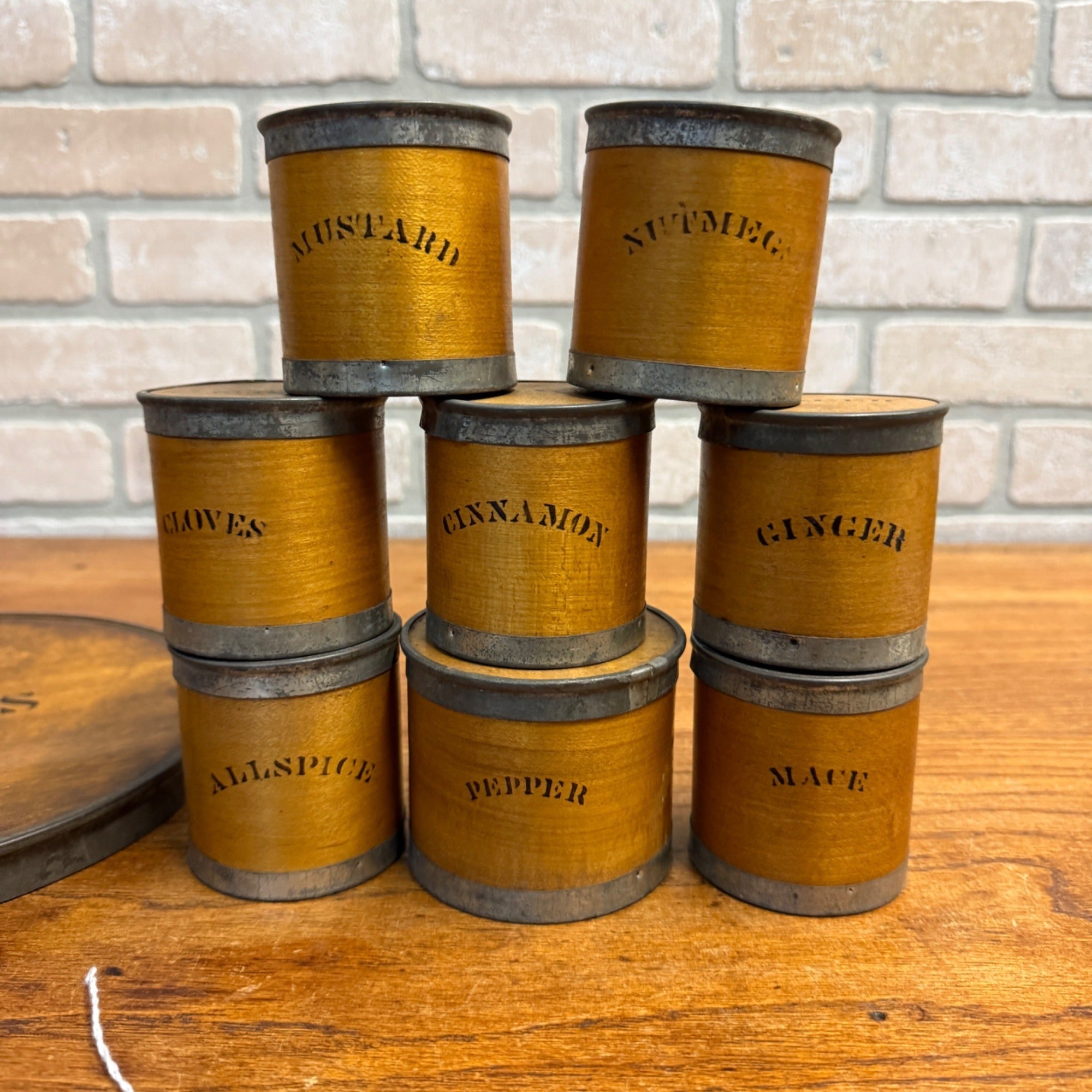 Antique Primitive 19th c. Bentwood Spice Pantry Box 9pc Set Tin Banded Wooden