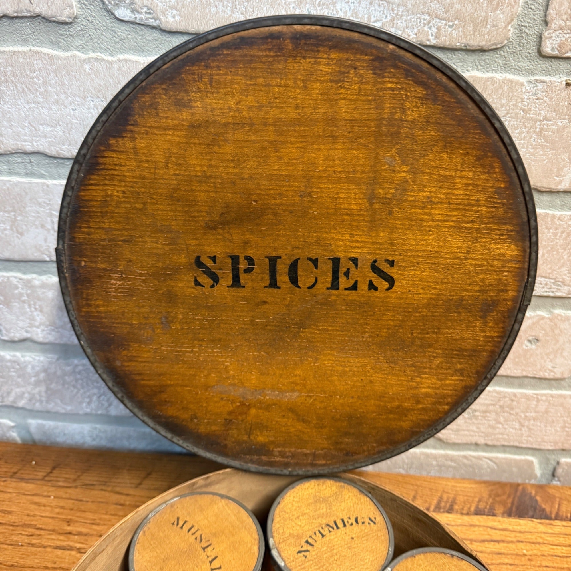 Antique Primitive 19th c. Bentwood Spice Pantry Box 9pc Set Tin Banded Wooden