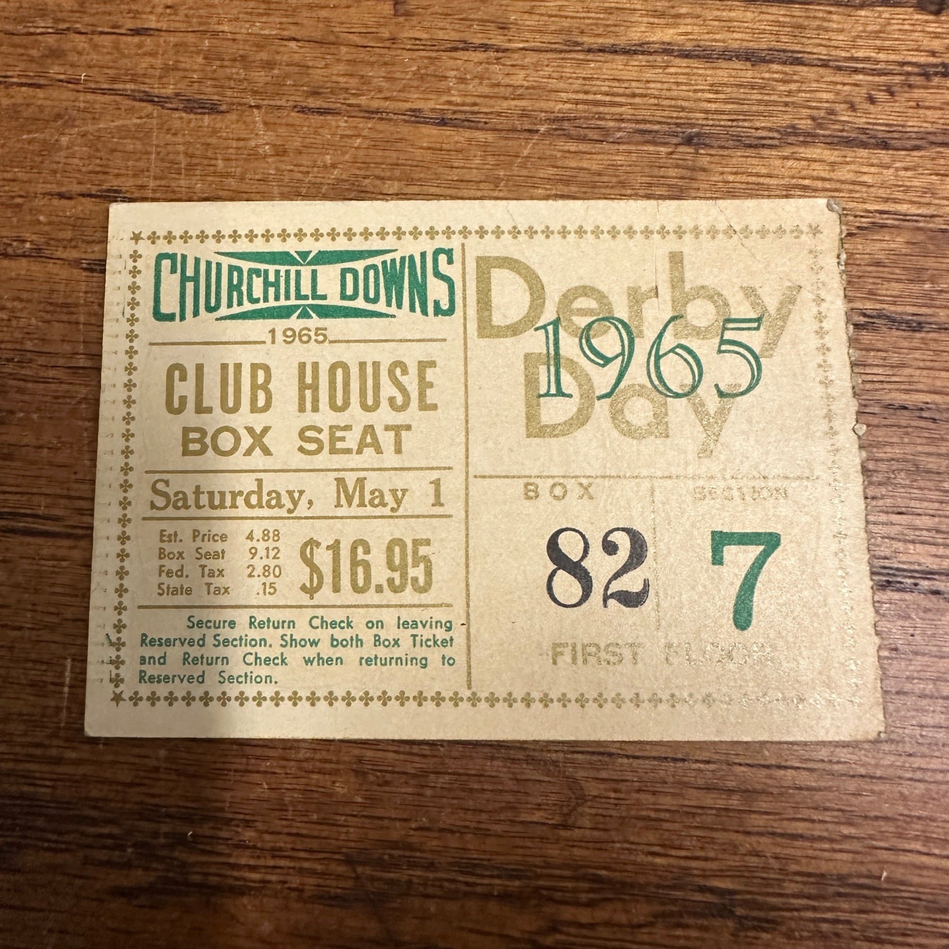 Original 1965 Churchill Downs Kentucky Derby Clubhouse Box Seat Ticket Vintage