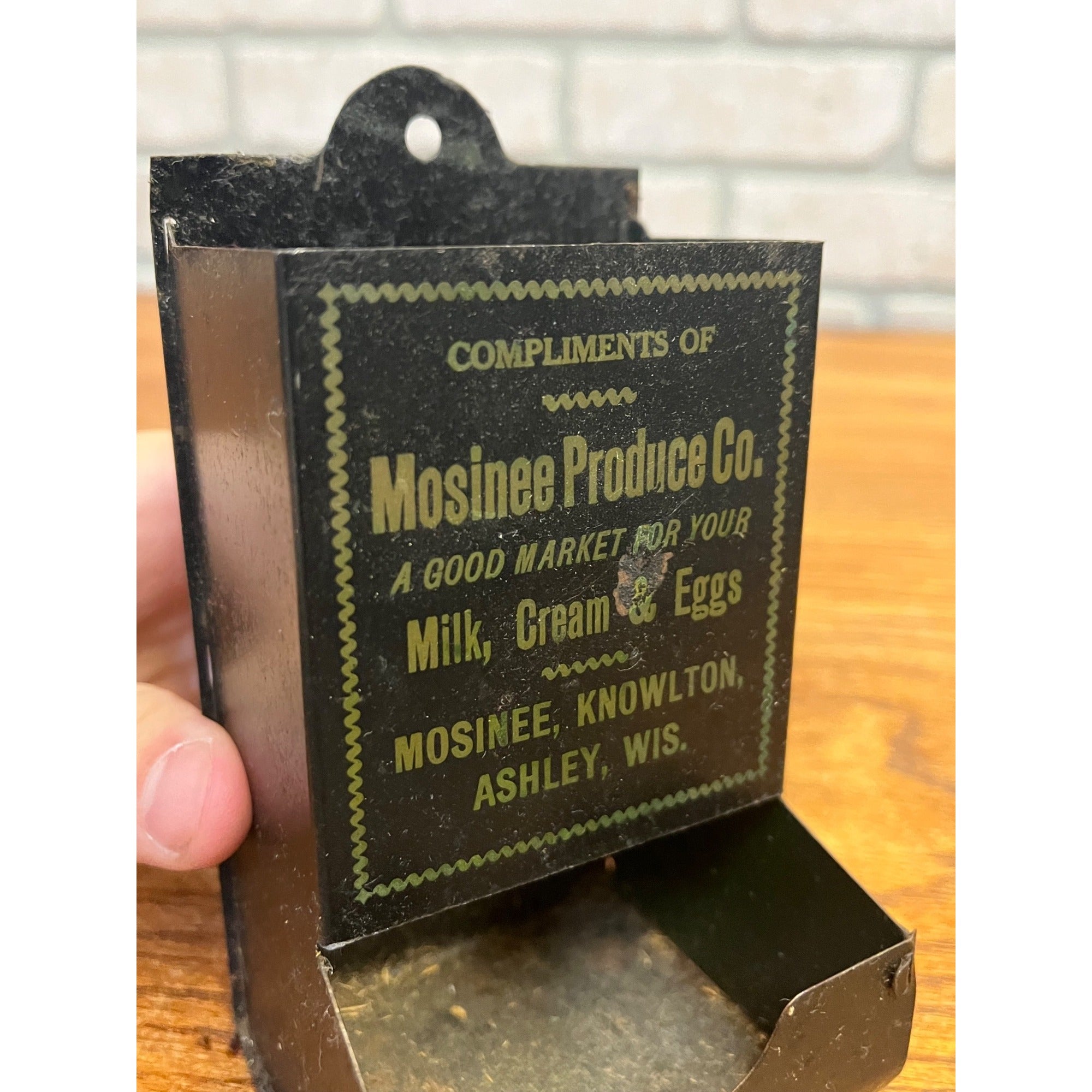 Antique Farm Produce Tin Litho Match Holder Sign Ashley Knowlton Mosinee Wi Eggs
