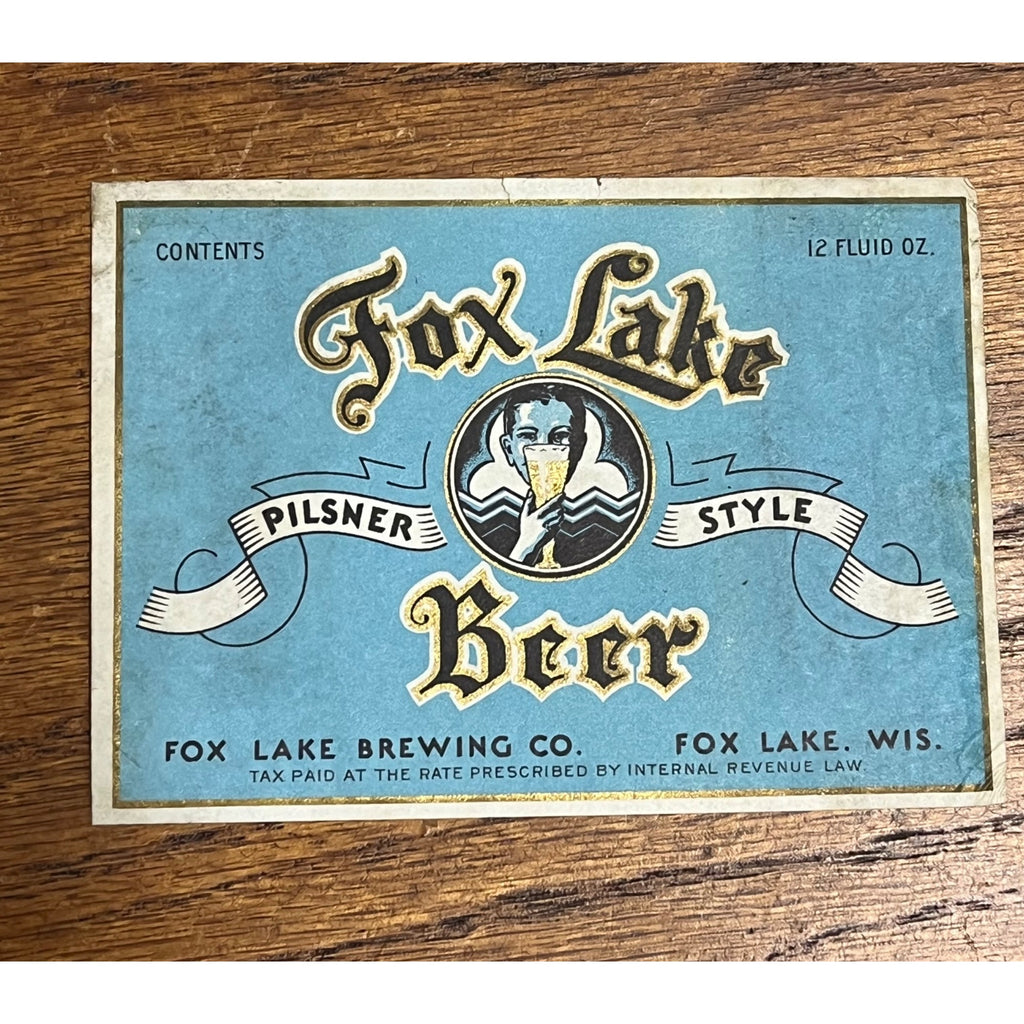 Vintage Fox Lake Brewing Co. Wisconsin IRTP Paper Beer Bottle Label 12oz