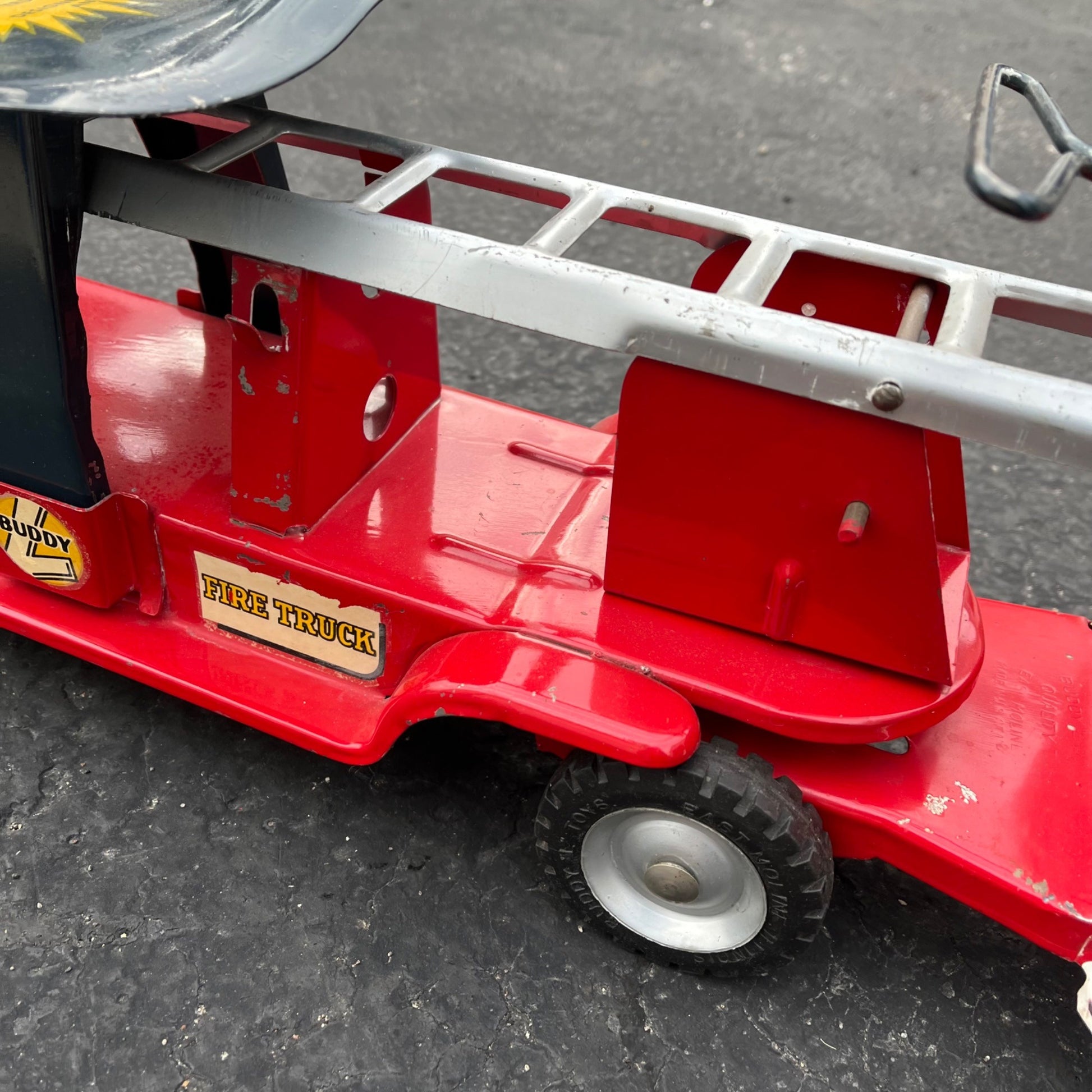 Vintage Buddy L Pull N' Ride Fire Ladder Truck Pressed Steel Toy