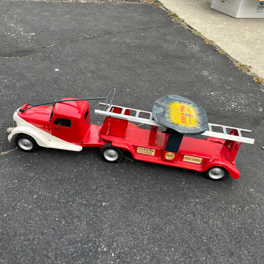 Vintage Buddy L Pull N' Ride Fire Ladder Truck Pressed Steel Toy