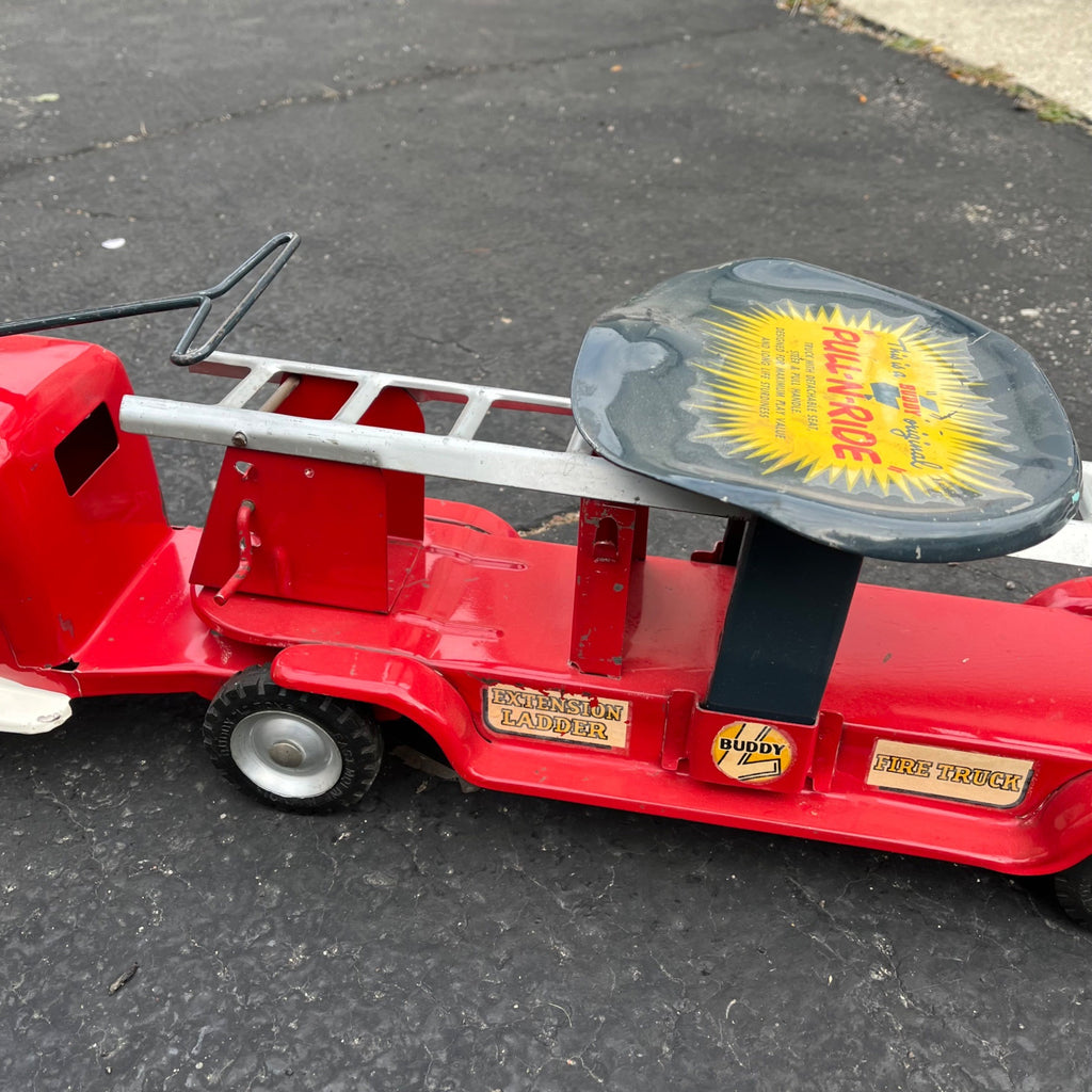 Vintage Buddy L Pull N' Ride Fire Ladder Truck Pressed Steel Toy