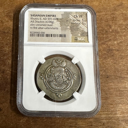 591-628 AD SASANIAN EMPIRE KHURSU AR SILVER DRACHM NGC GENUINE ANCIENT NGC Ch VF