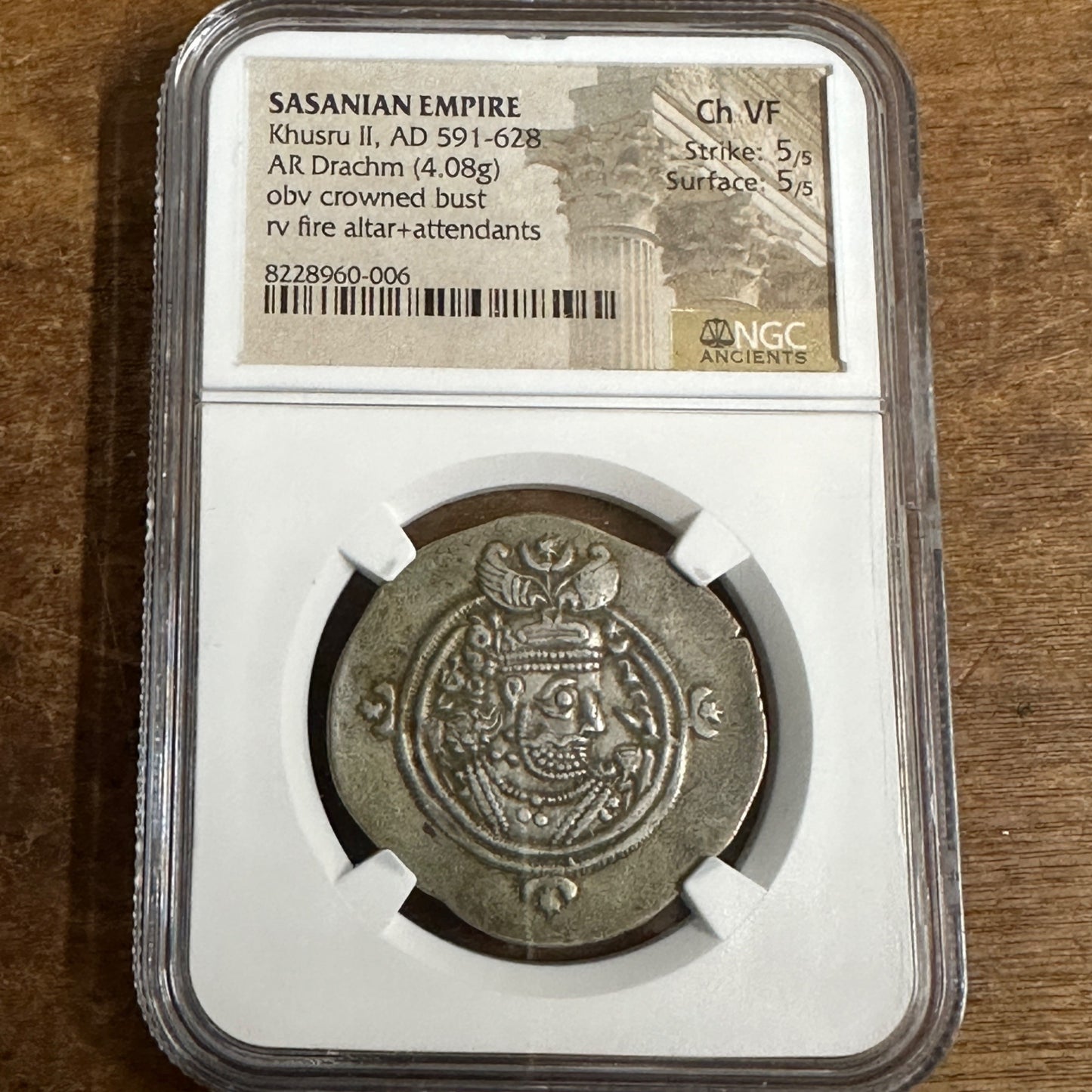 591-628 AD SASANIAN EMPIRE KHURSU AR SILVER DRACHM NGC GENUINE ANCIENT NGC Ch VF