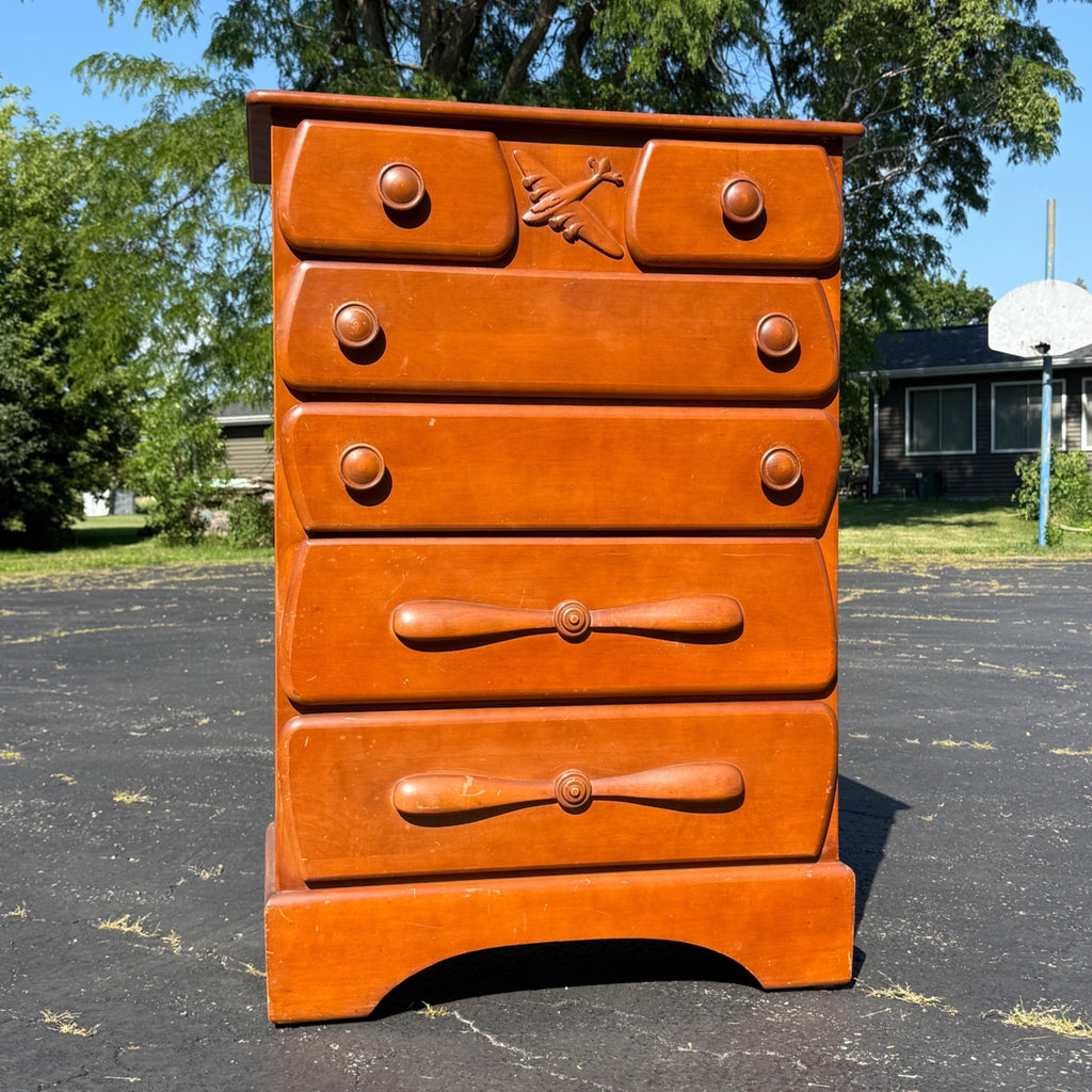 Vintage 1940s Highboy Dresser Chest Of Drawers Relief WWII Airplane Inman Furniture Co.
