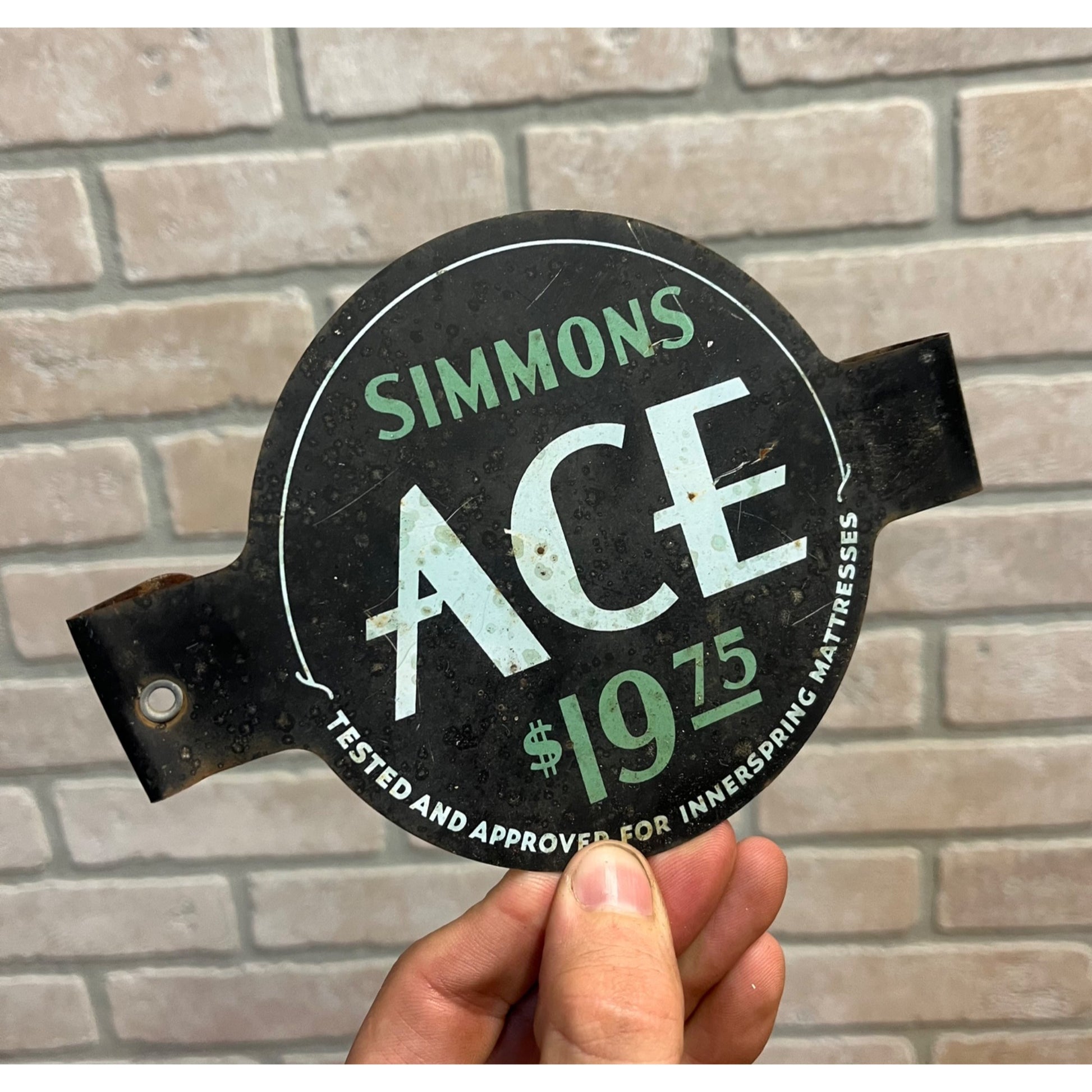 Vintage Simmons ACE Mattress $19.75 Tin Metal Advertising Tag Patent Year 1930s