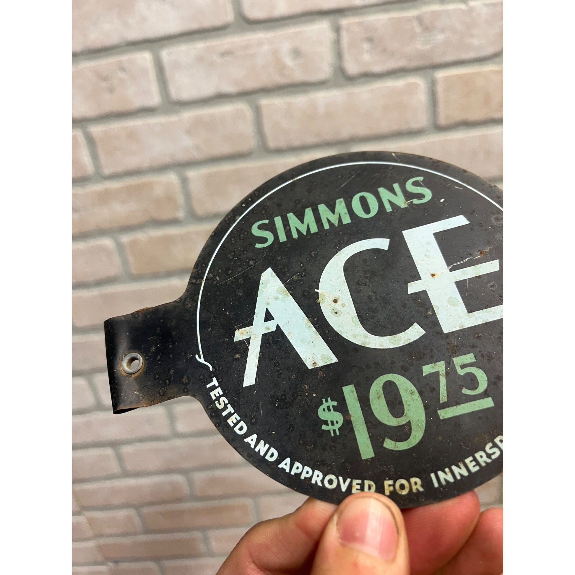 Vintage Simmons ACE Mattress $19.75 Tin Metal Advertising Tag Patent Year 1930s