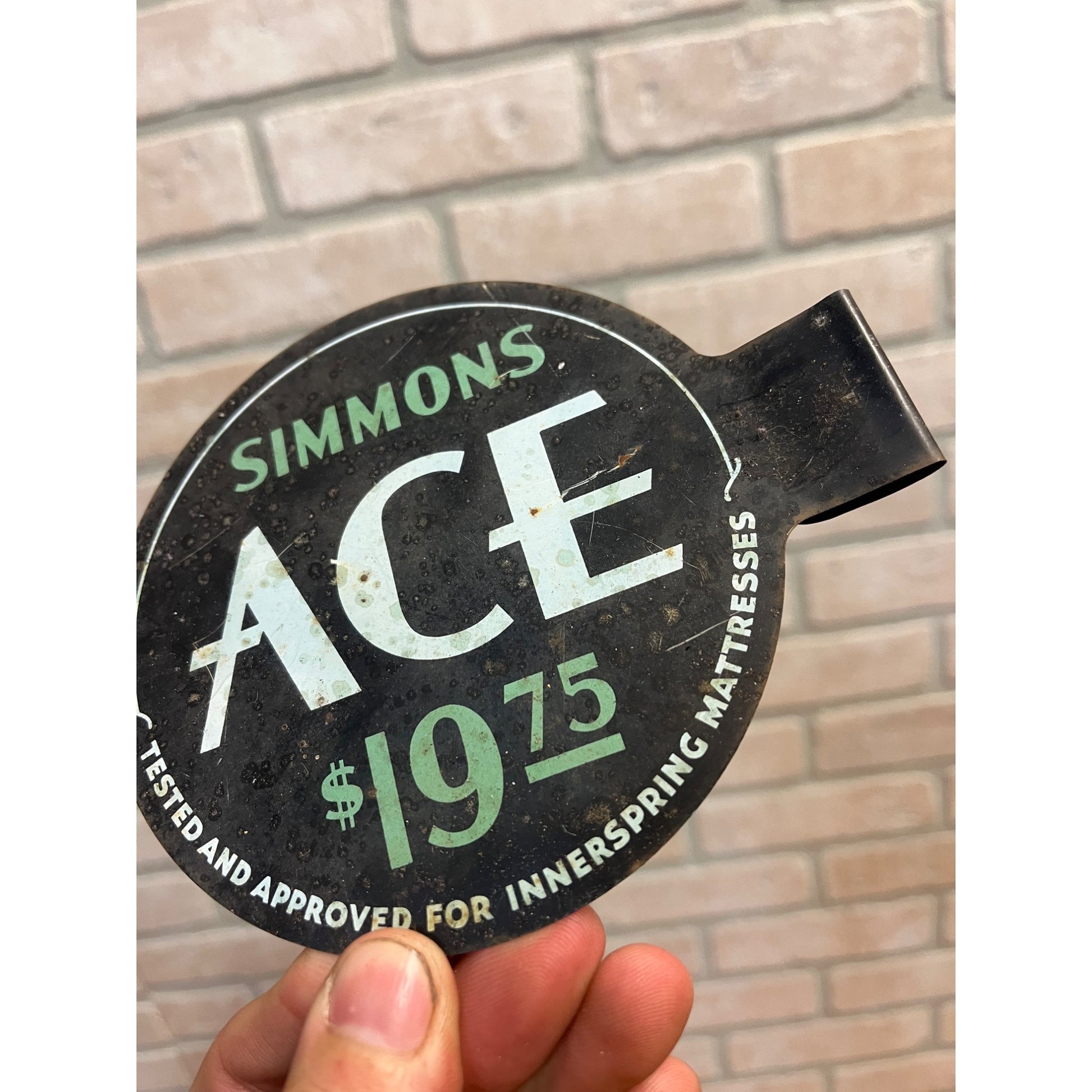 Vintage Simmons ACE Mattress $19.75 Tin Metal Advertising Tag Patent Year 1930s