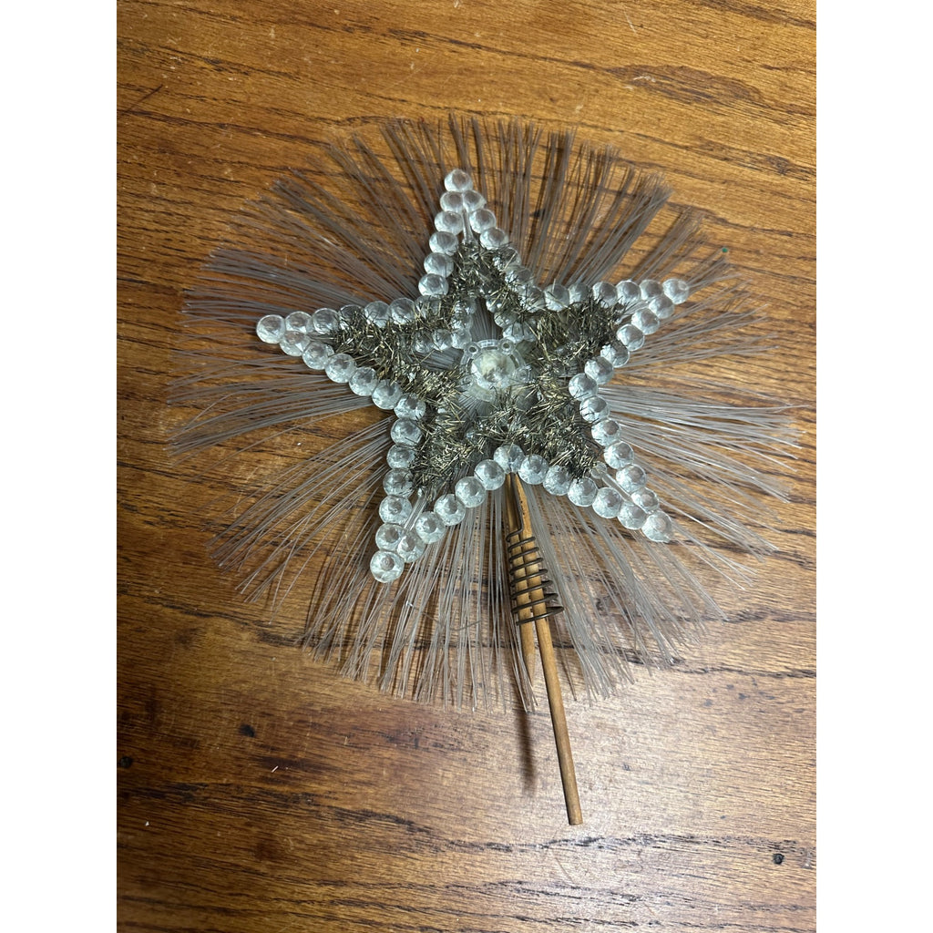 Vintage Christmas Tree Star Topper Tinsel Wood Stake Mid-Century Czech?