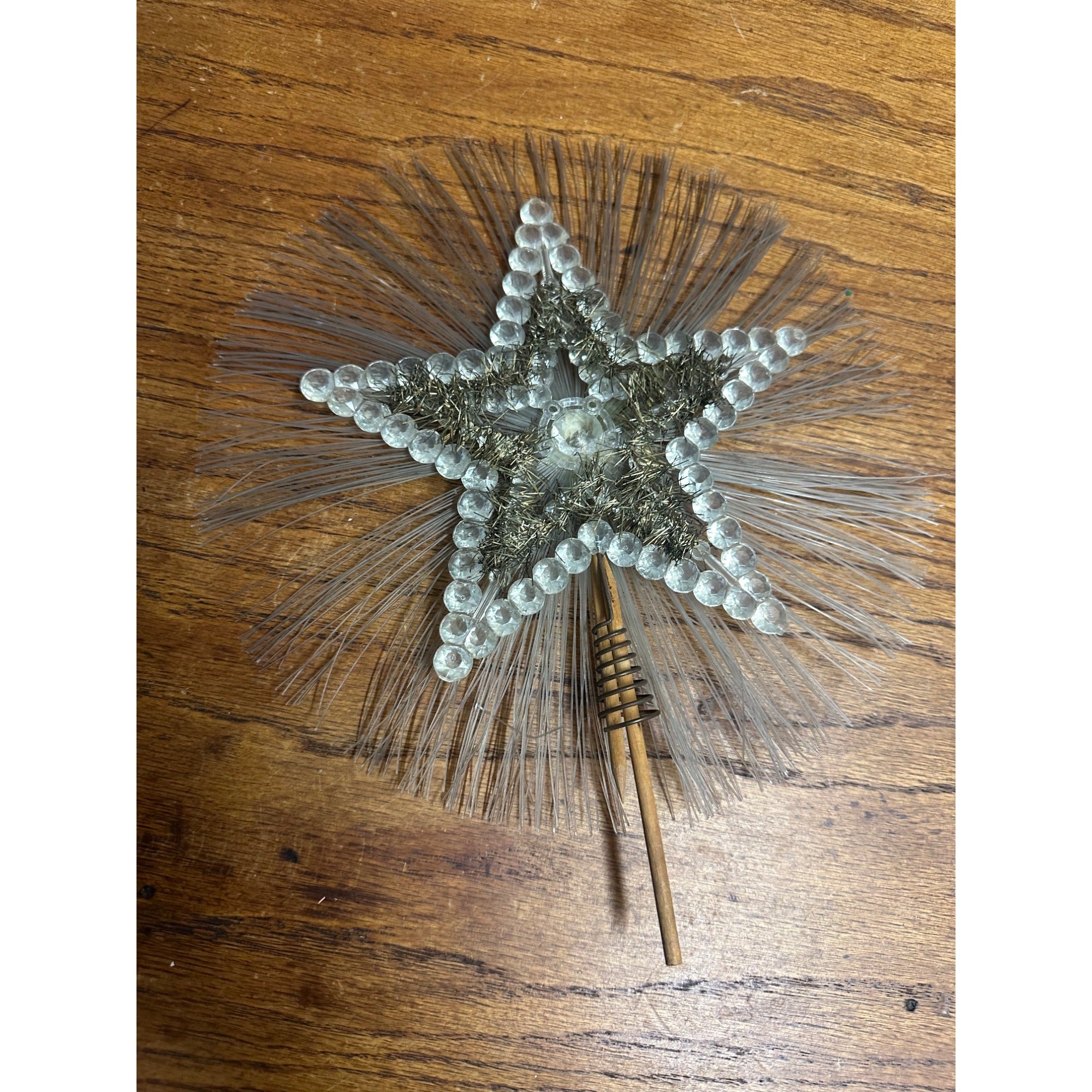 Vintage Christmas Tree Star Topper Tinsel Wood Stake Mid-Century Czech?