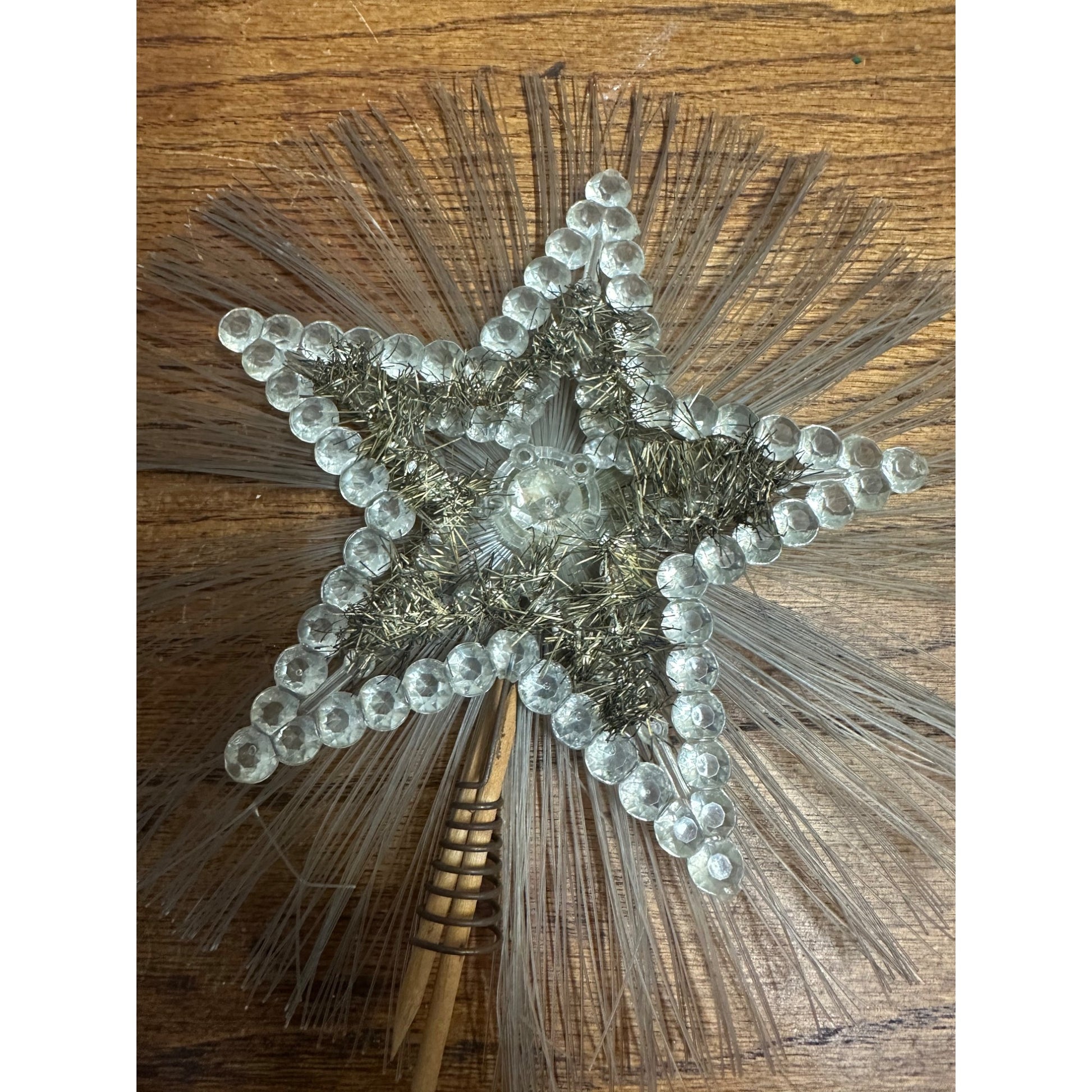 Vintage Christmas Tree Star Topper Tinsel Wood Stake Mid-Century Czech?
