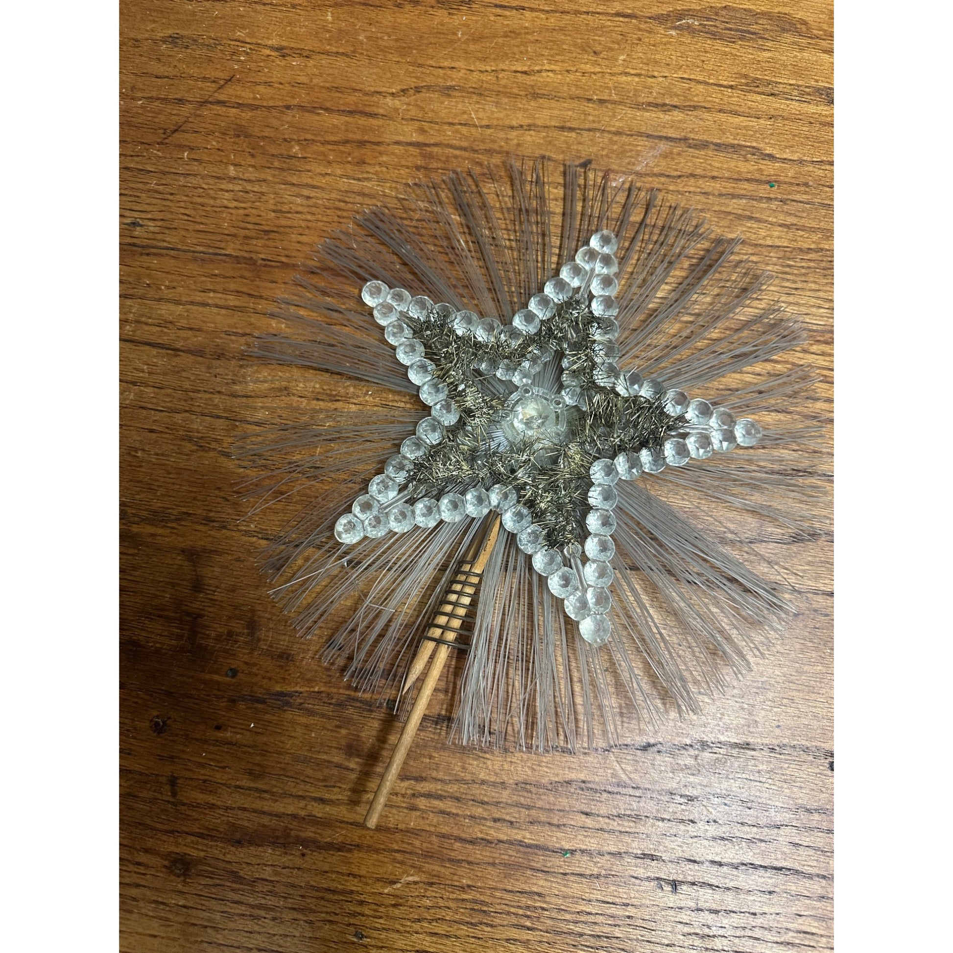 Vintage Christmas Tree Star Topper Tinsel Wood Stake Mid-Century Czech?