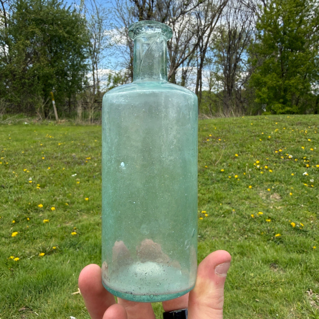 Antique Whittled Crude Bottle 1800s Aqua Blue Quack Medicine Early 6"