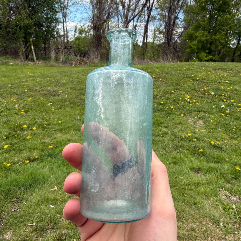 Antique Whittled Crude Bottle 1800s Aqua Blue Quack Medicine Early 6"