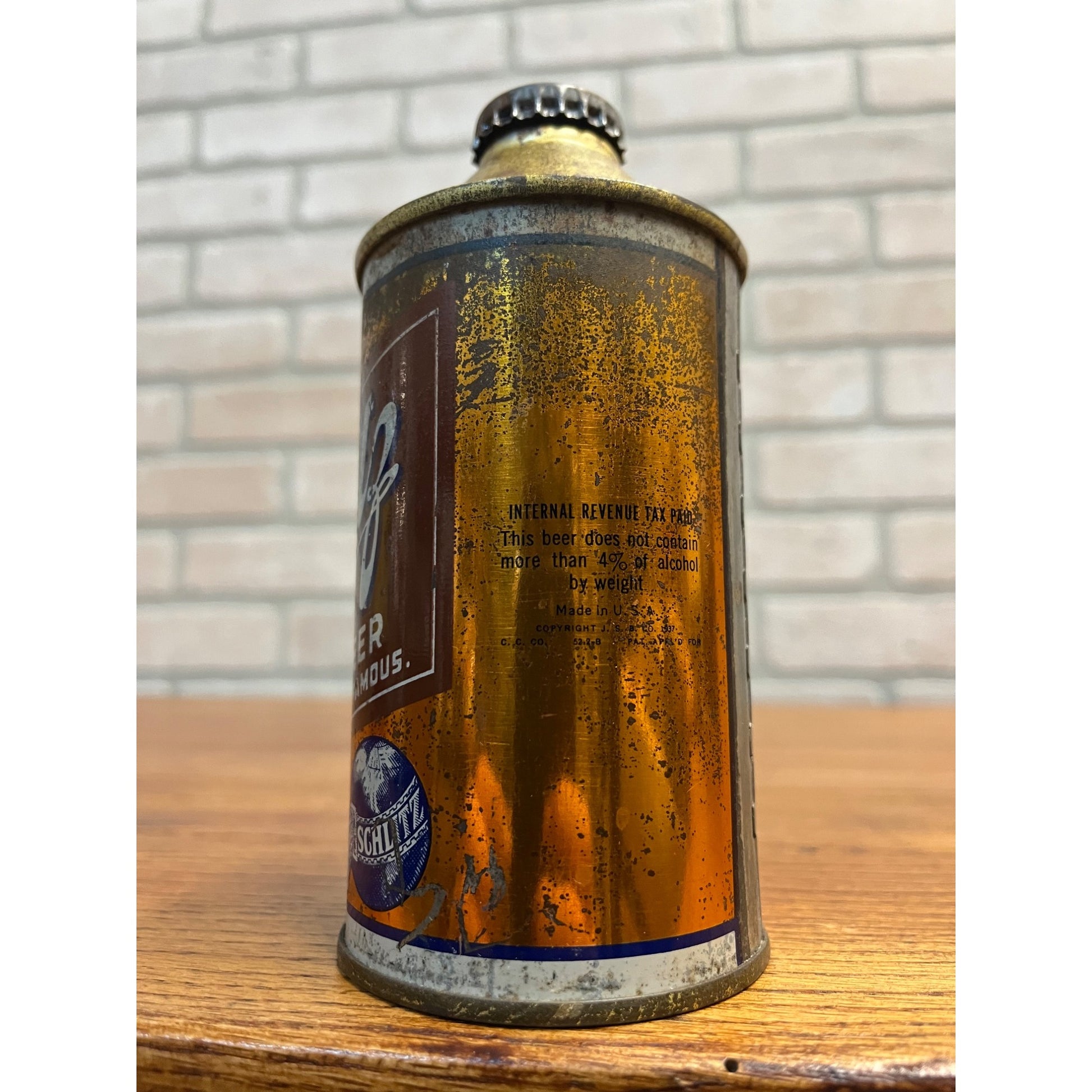 Original Vintage 1940s Schlitz 12oz Cone Top Beer Can With Cap IRTP Milwaukee WI