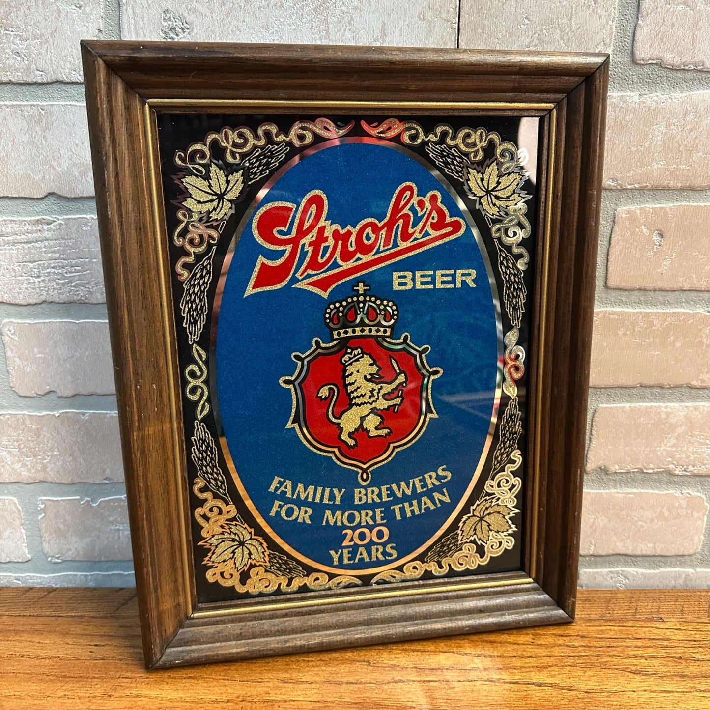 Vintage Stroh's Beer 200 Years Mirror Bar Sign 11" X 14" Rare Wood Frame