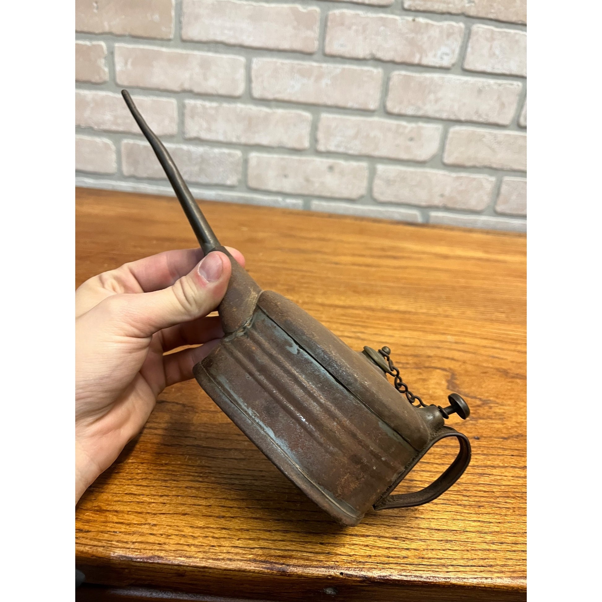 Vintage Metal Tin Hand Oiler Oil Can Genie Style Motorcycle Garage Auto