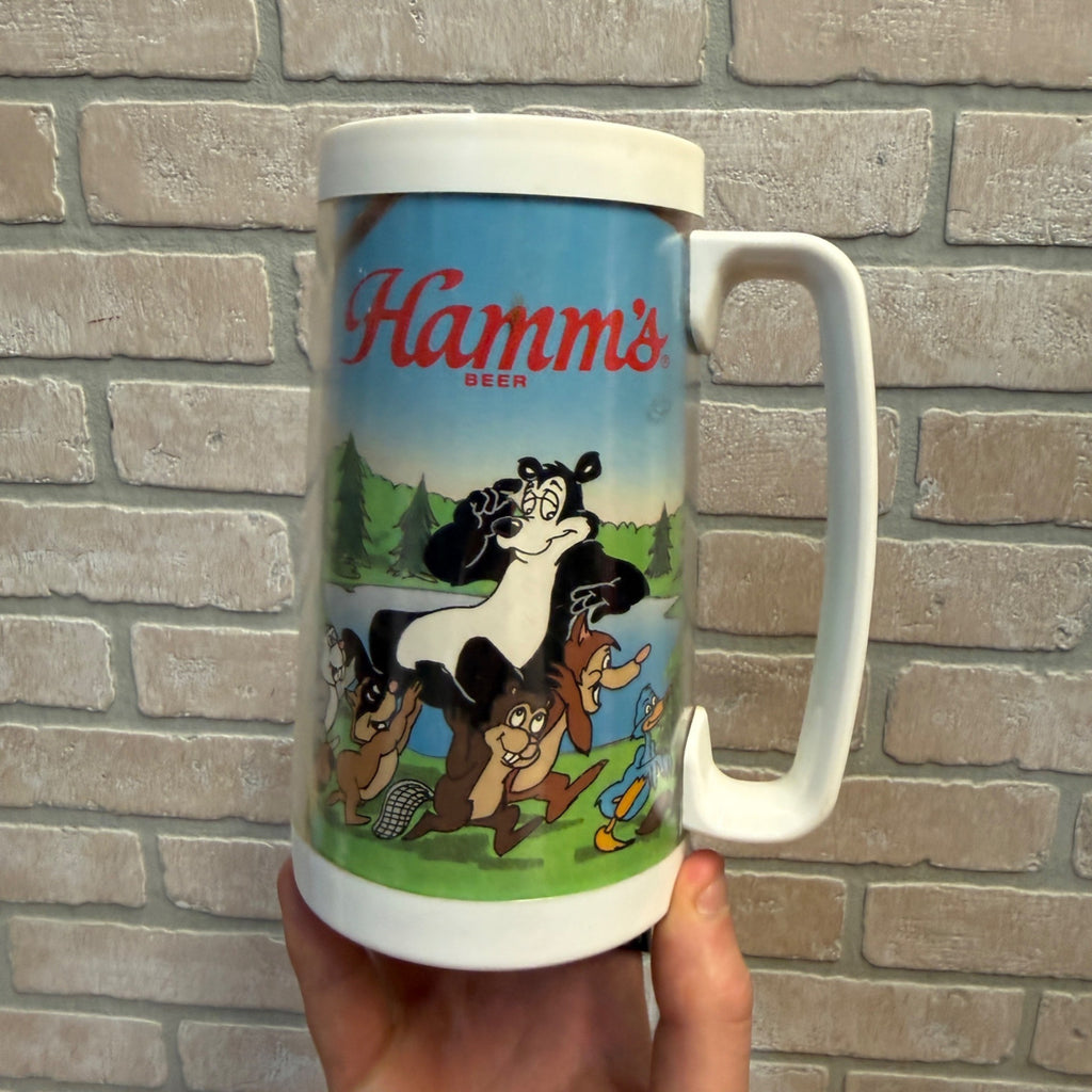 Vtg 70s Hamm's Beer Stein Bear Thermo Serv Plastic Mug Raccoon Beaver Nature USA