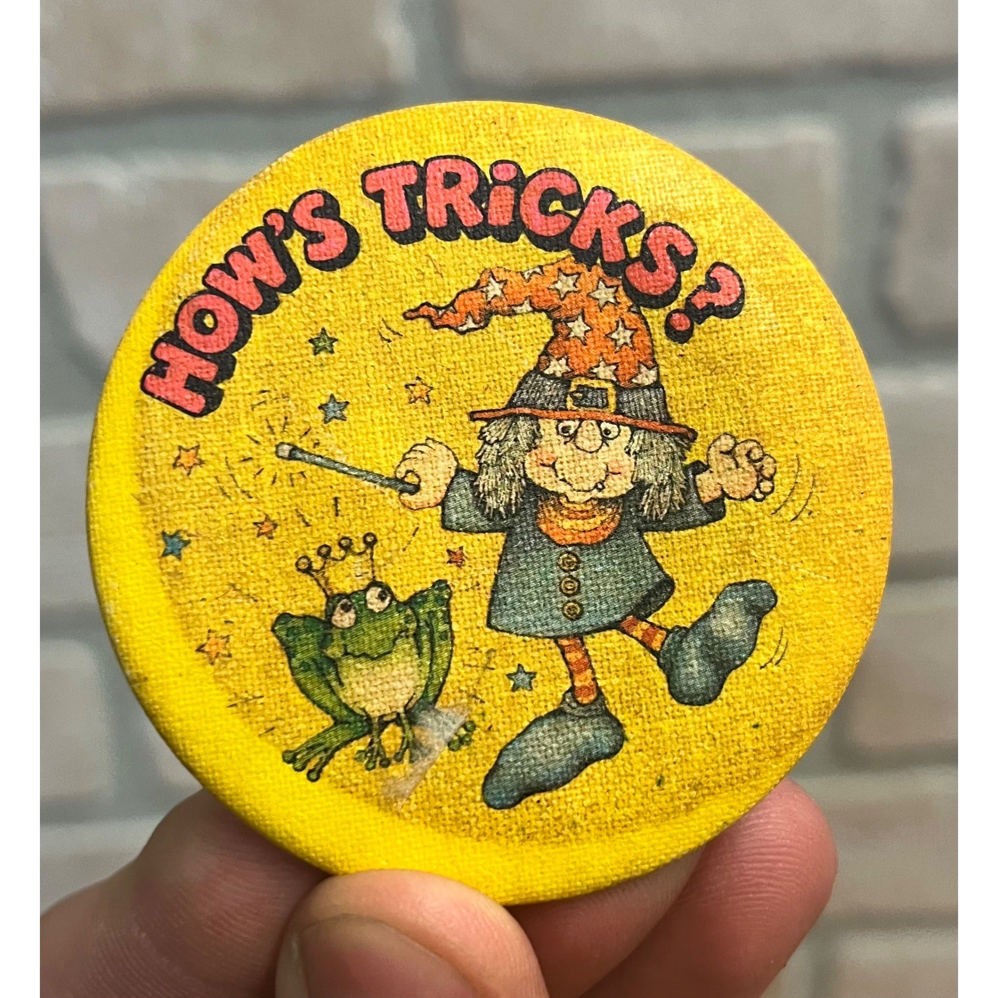 Vintage 1970s Hallmark Hows Tricks Halloween Magician Frog Witch Pin Button