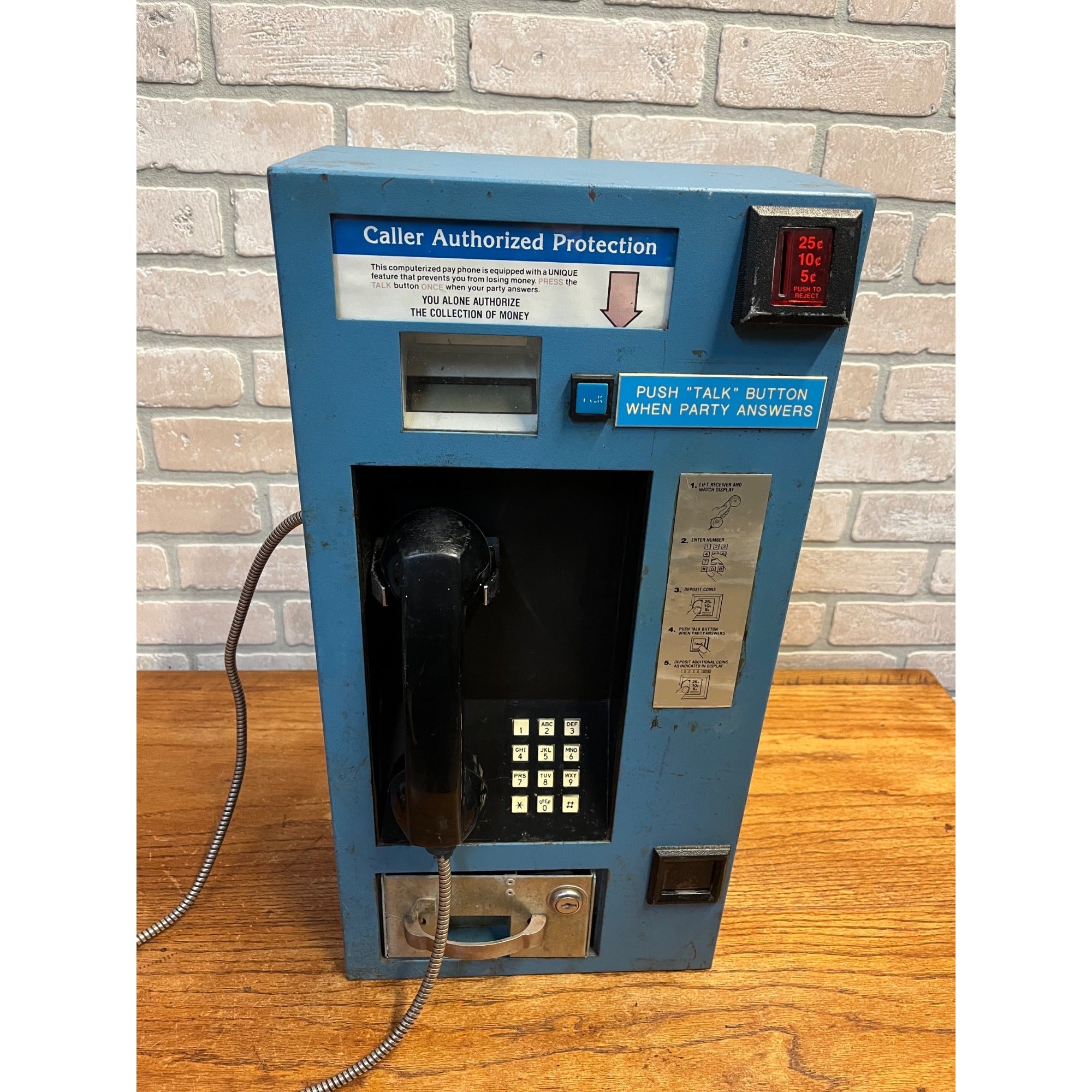Vintage 1980s Coin-Operated Wall-Mount Pay Telephone Blue Steel Caller COCOT