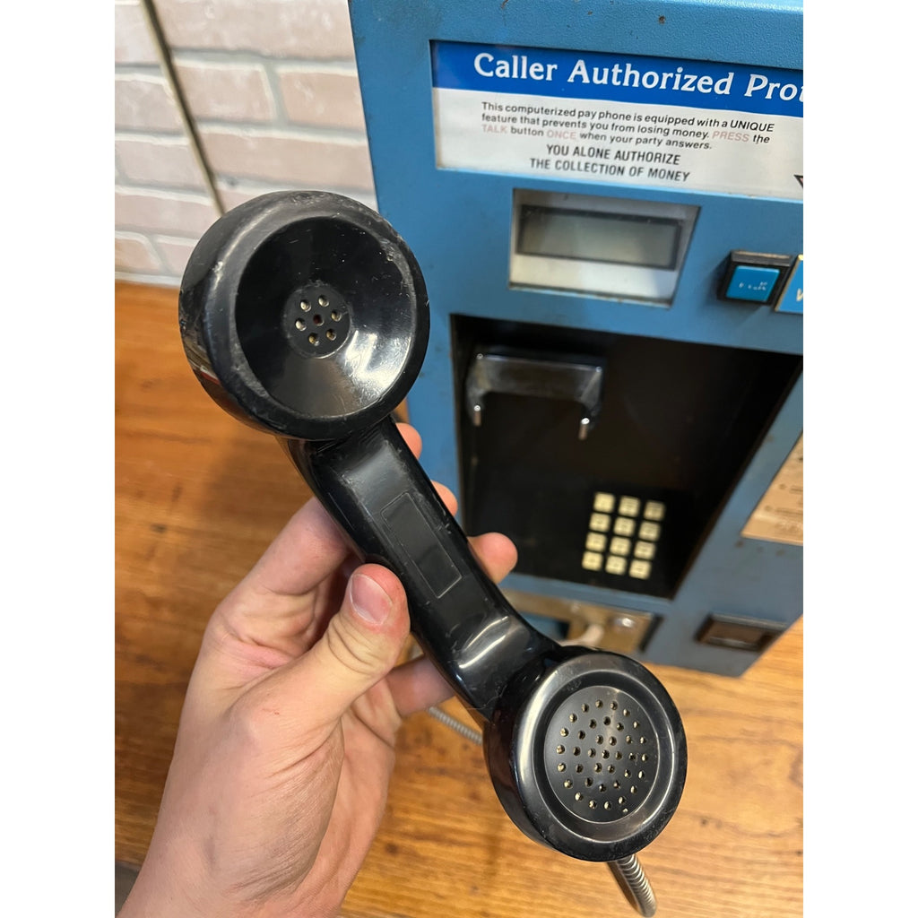 Vintage 1980s Coin-Operated Wall-Mount Pay Telephone Blue Steel Caller COCOT