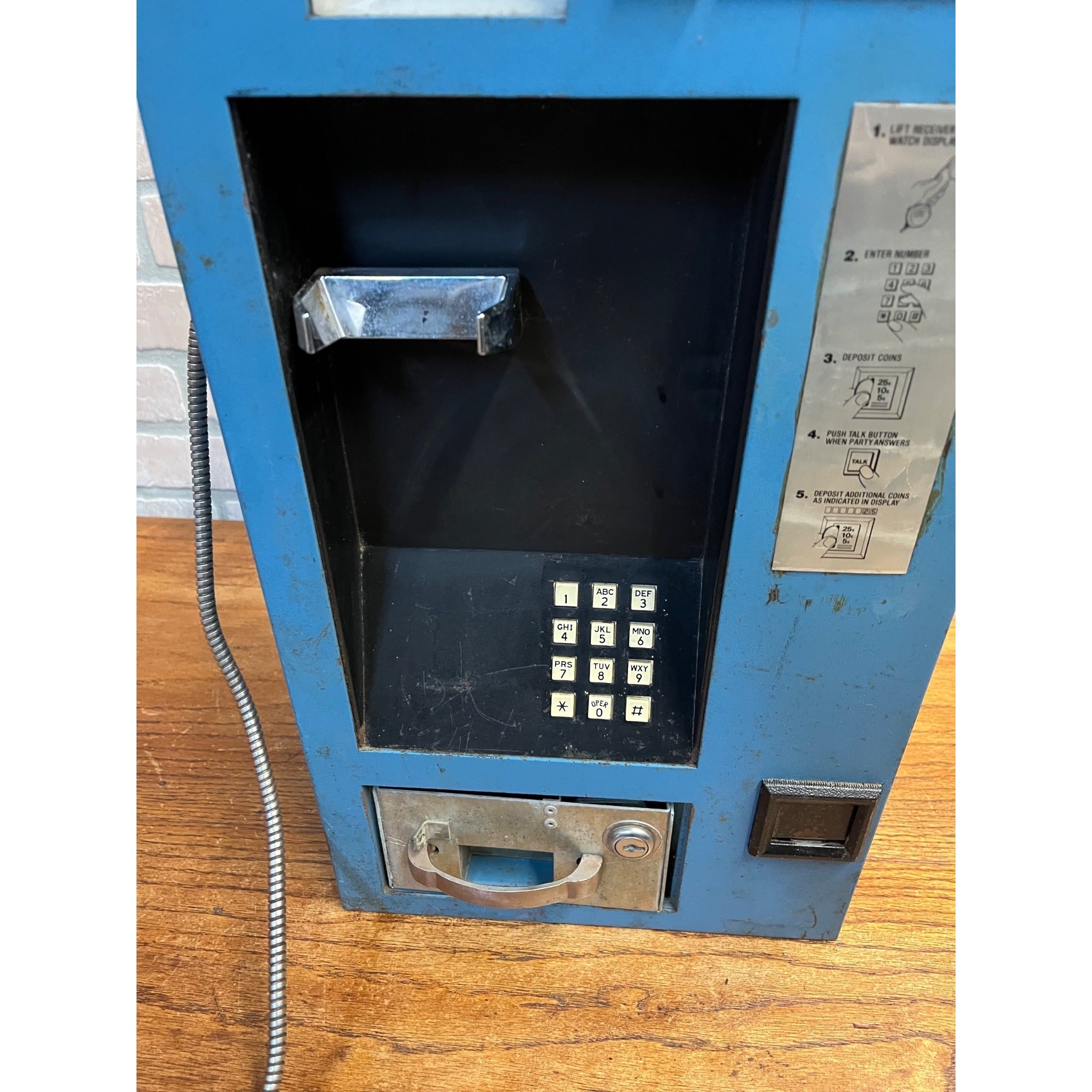 Vintage 1980s Coin-Operated Wall-Mount Pay Telephone Blue Steel Caller COCOT
