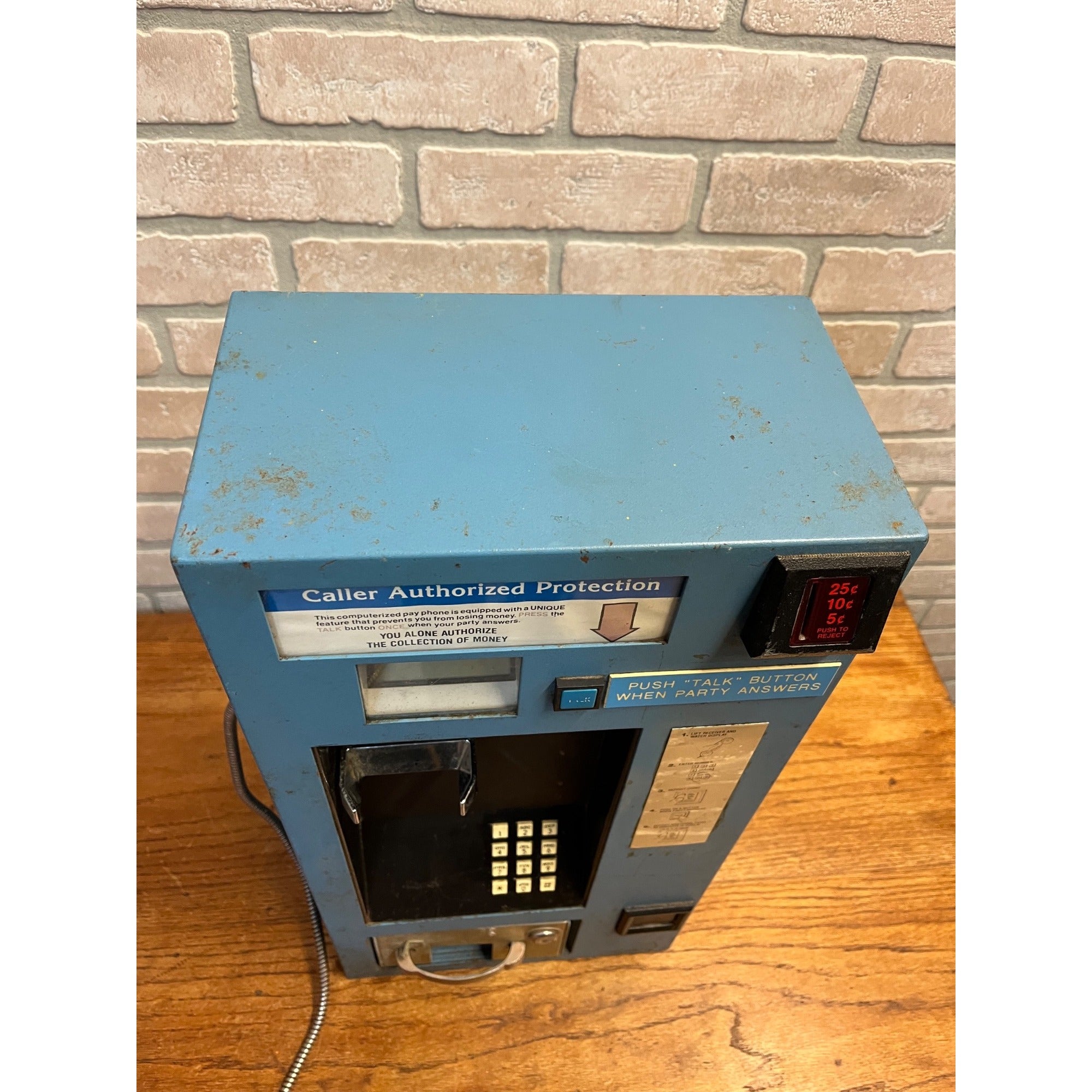 Vintage 1980s Coin-Operated Wall-Mount Pay Telephone Blue Steel Caller COCOT