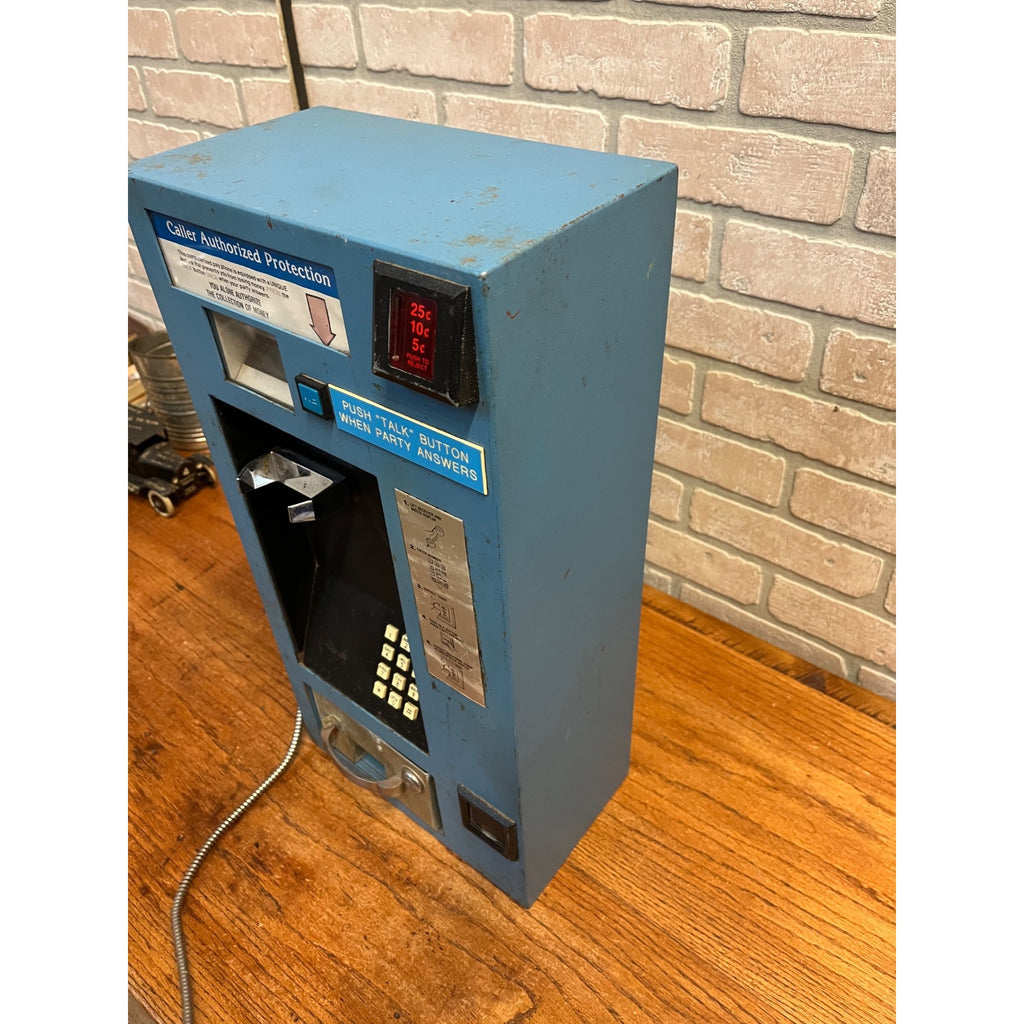 Vintage 1980s Coin-Operated Wall-Mount Pay Telephone Blue Steel Caller COCOT