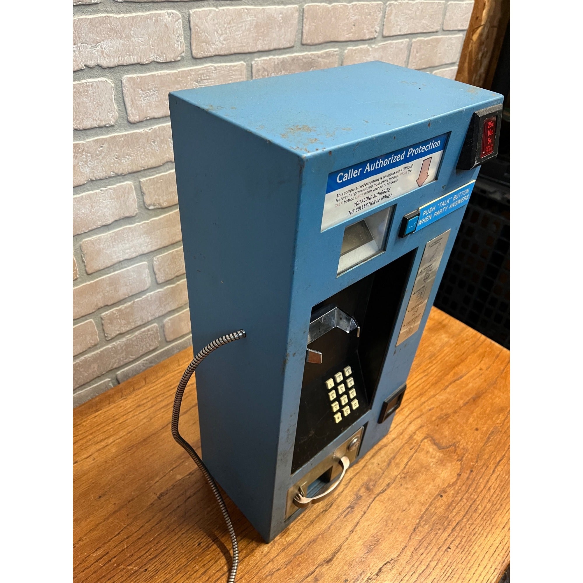 Vintage 1980s Coin-Operated Wall-Mount Pay Telephone Blue Steel Caller COCOT