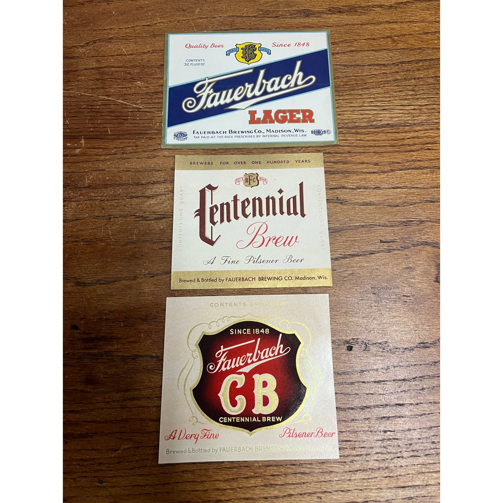 Vintage Fauerbach Brewing Co. Madison Wis Lot (3) Quart Labels Centennial CB