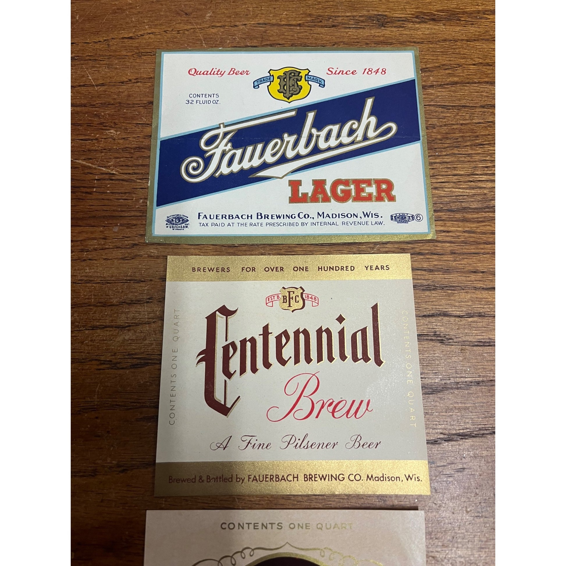 Vintage Fauerbach Brewing Co. Madison Wis Lot (3) Quart Labels Centennial CB