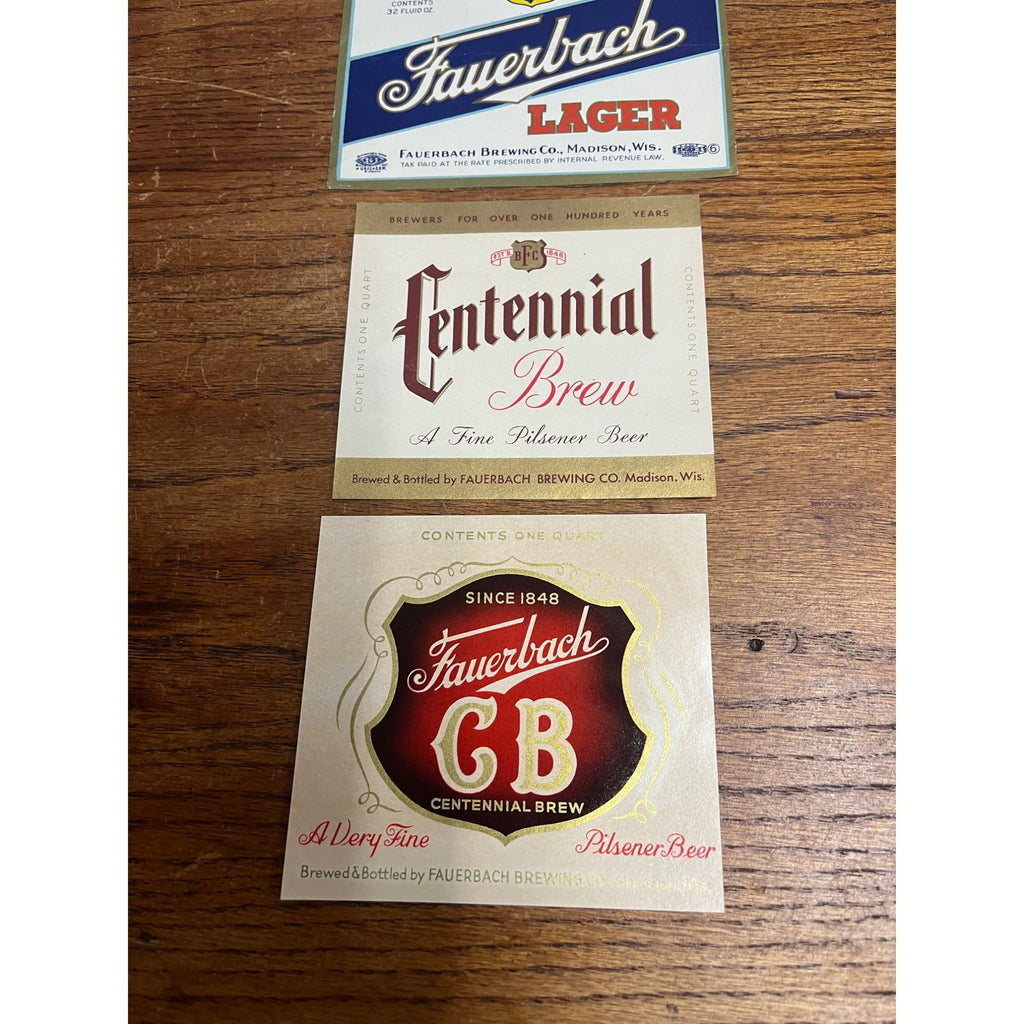 Vintage Fauerbach Brewing Co. Madison Wis Lot (3) Quart Labels Centennial CB